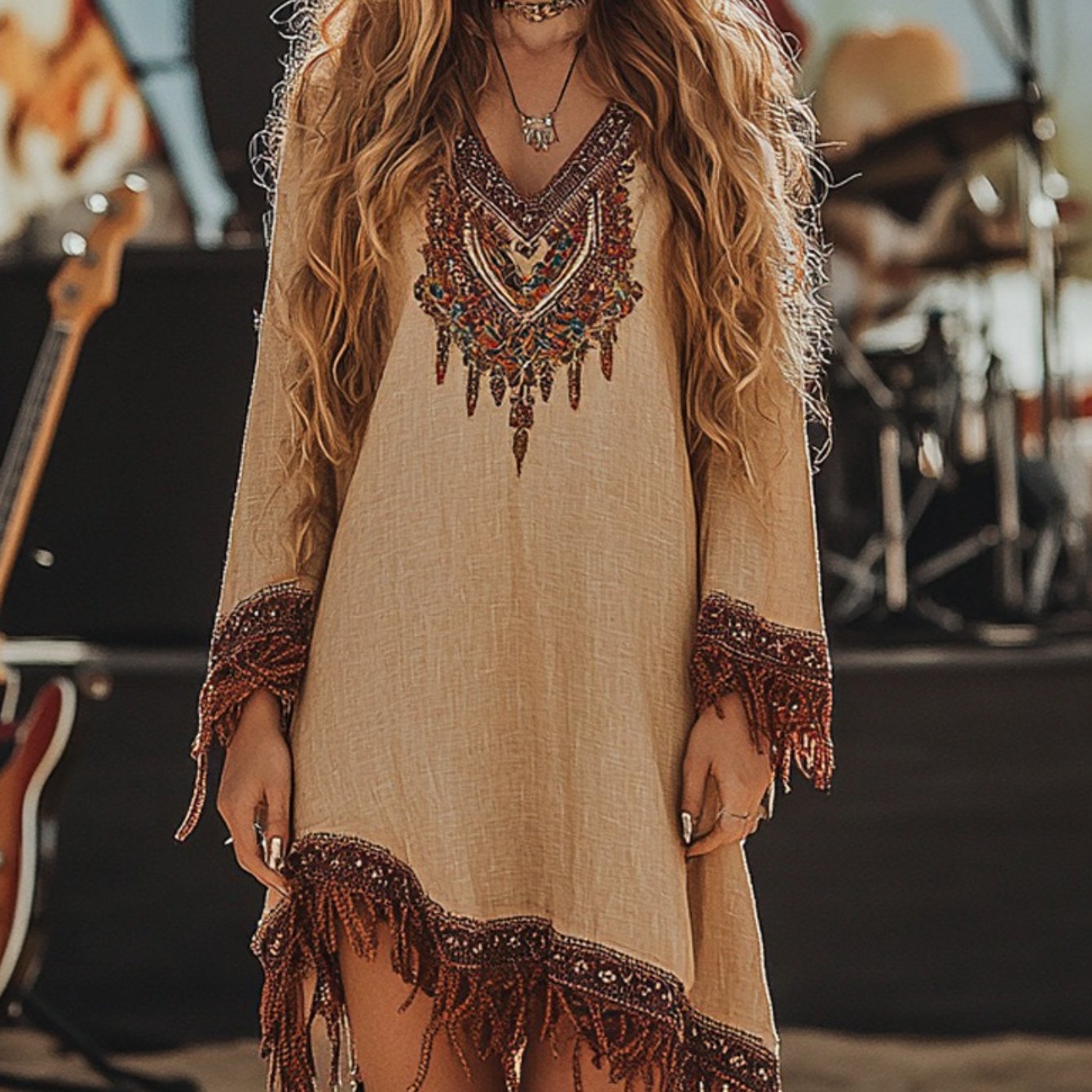 Women'S Bohemian Asymmetric Tassel Hem Dress - Beige & Brown Boho Print, Machine Washable Long Sleeve Midi Skirt for Festival, Party, Everyday Outfits - Lightweight Summer Dresses for Women, Cute Summer Dresses, Festival Atti