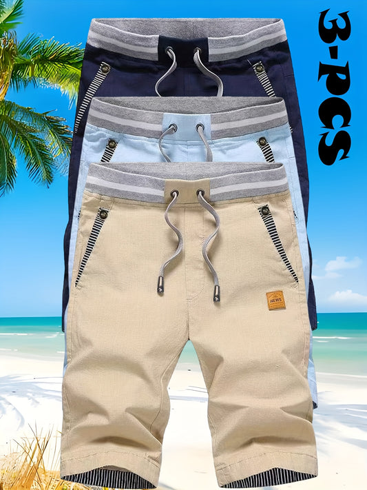 3pcs Men's Summer Shorts Set - Breathable, Lightweight, Casual 3/4 Length with Elastic Waistband, Side Pockets & Drawstring - Cotton Blend for Beach or Casual Attire