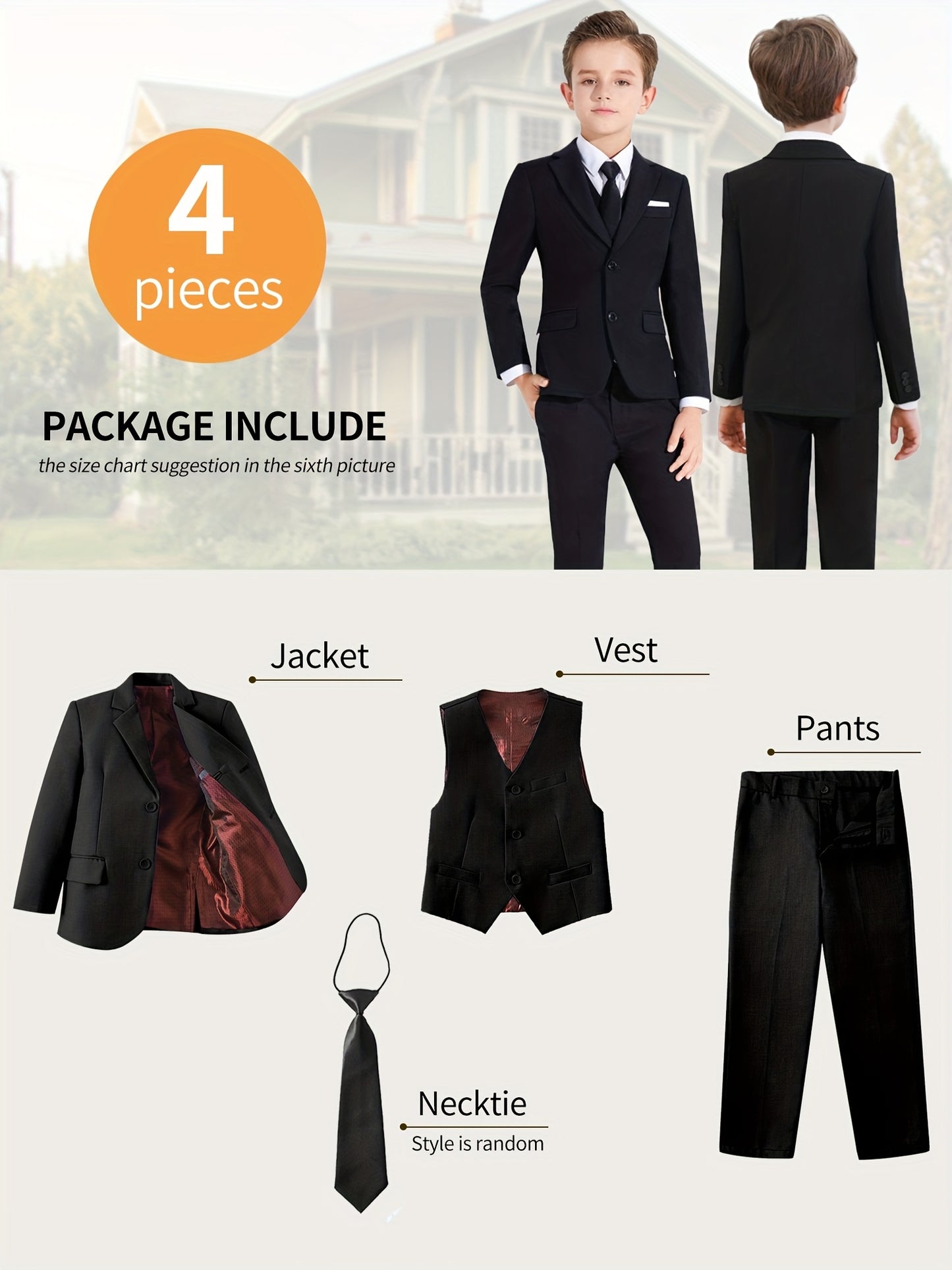 Lycody Boys Suits 4pcs Black Blazer Vest Pants With Random Tie Suit Set For Boy Slim Fit Kids Formal Wedding Dress 5-16Y