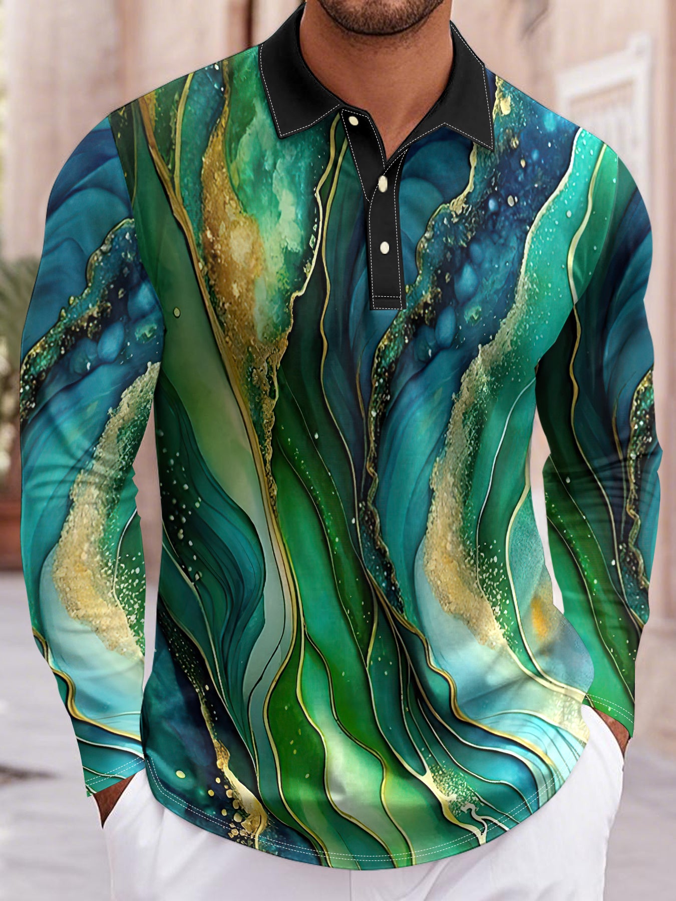 Men'S Elegant Marble Pattern Shirt - Lightweight Breathable Long Sleeve Formal & Casual Shirt, Black & Golden Swirls, Regular Fit for Office, Parties, Golf - All-Season Business & Everyday Attire for Men & Teens, Marble Print
