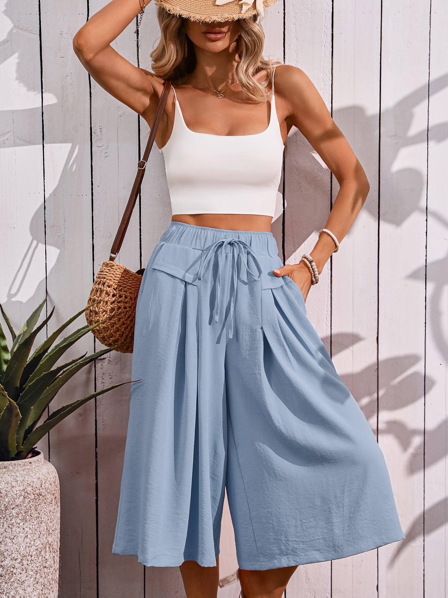 [Flowy Cropped Pants] High Elastic Wide Leg Womens Casual Flowy Cropped Pants | Drawstring Culottes