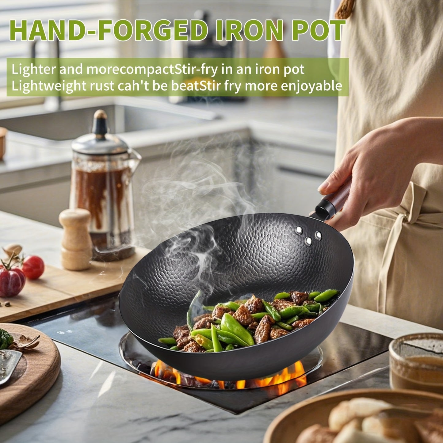 13.4 Inch Hand-Forged Cast Iron Wok with Lid & Spatula - Non-Stick, Durable Carbon Steel for Electric, Induction & Gas Stoves - Perfect for Stir-Fry, Steak & More - Includes User Guide Video, Kitchen Essential | Traditional K