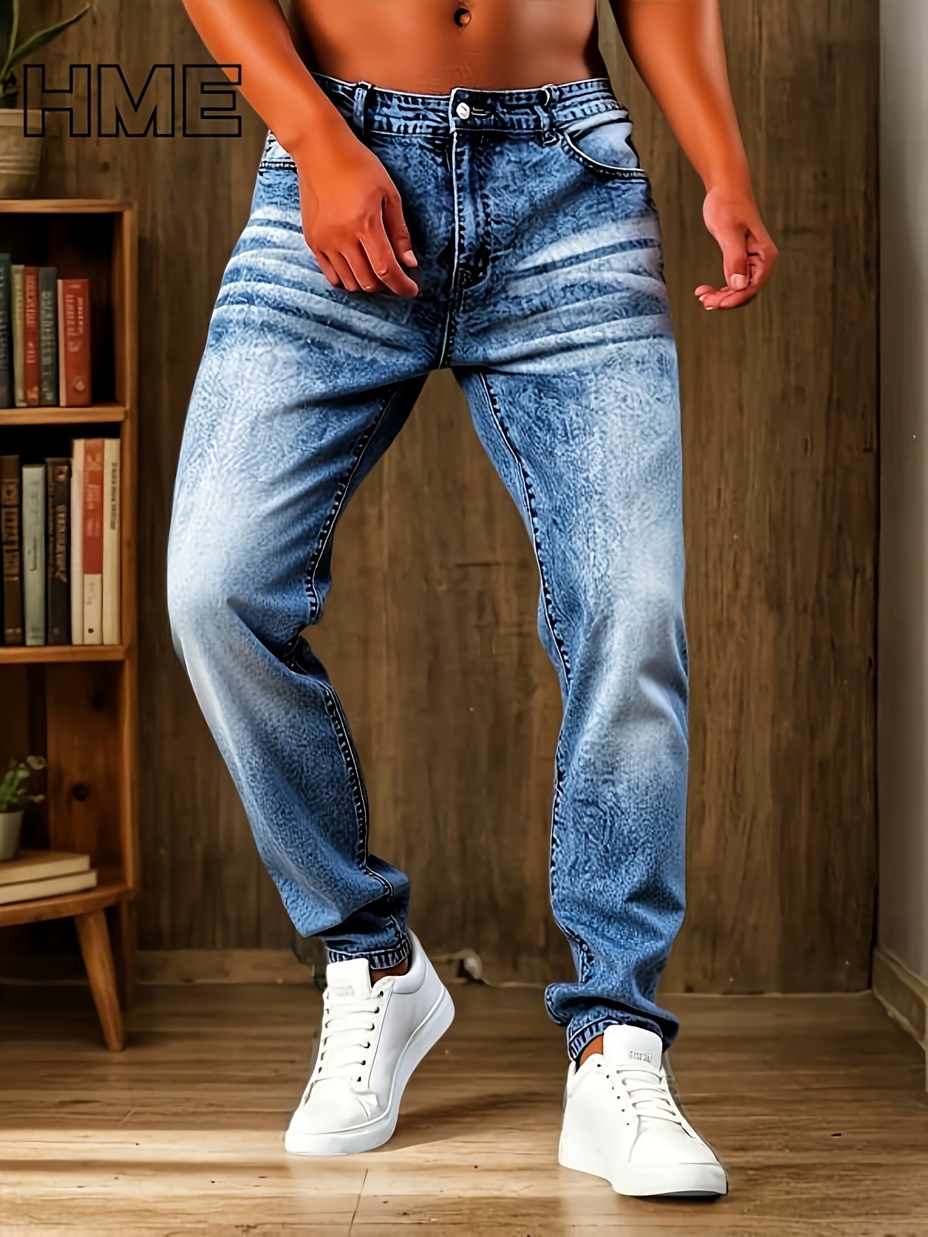 HME Men's Stretch Jeans - Skinny Fit Stretch Denim Pants with Mid-Rise Straight Leg, Vintage Washed Blue Jeans, Machine Washable Everyday Casual Pants for All Seasons (Non-See-Through), Allseason Clothing, Timeless Fivepocket