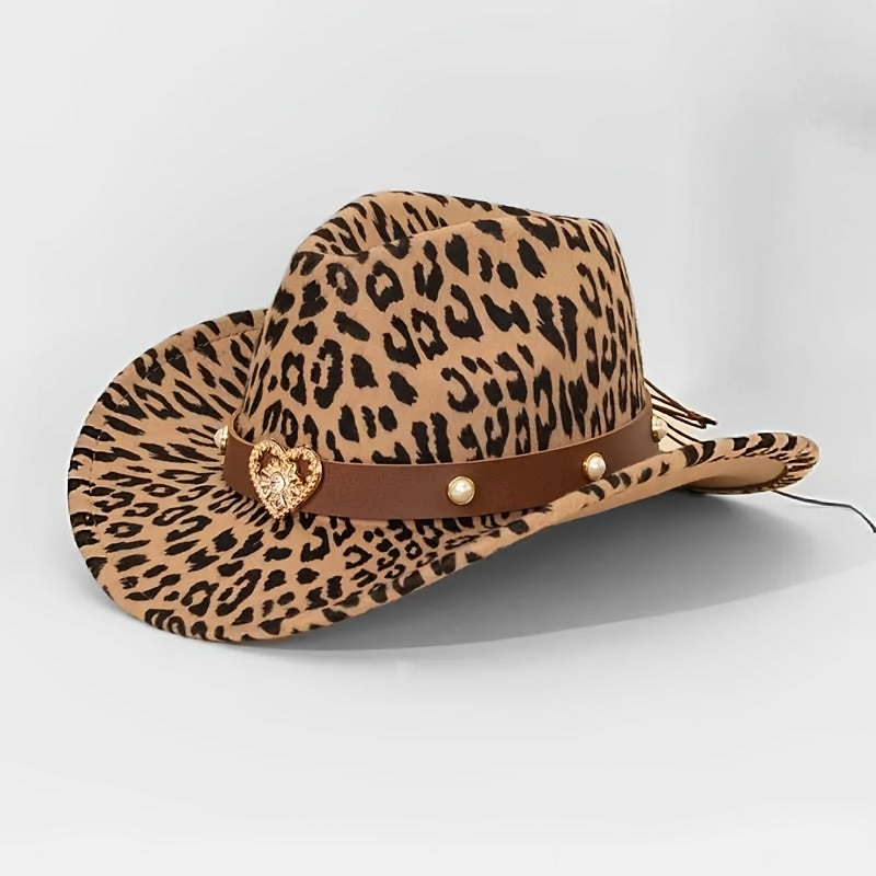 Leopard Print Western Cowboy Hat with Detachable Heart-Shaped Decorative Band - Lightweight Felt Material, Adjustable Drawstring Closure, Black & Brown Animal Print Design for Outdoor, Christmas, Thanksgiving, Kwanzaa - Unise