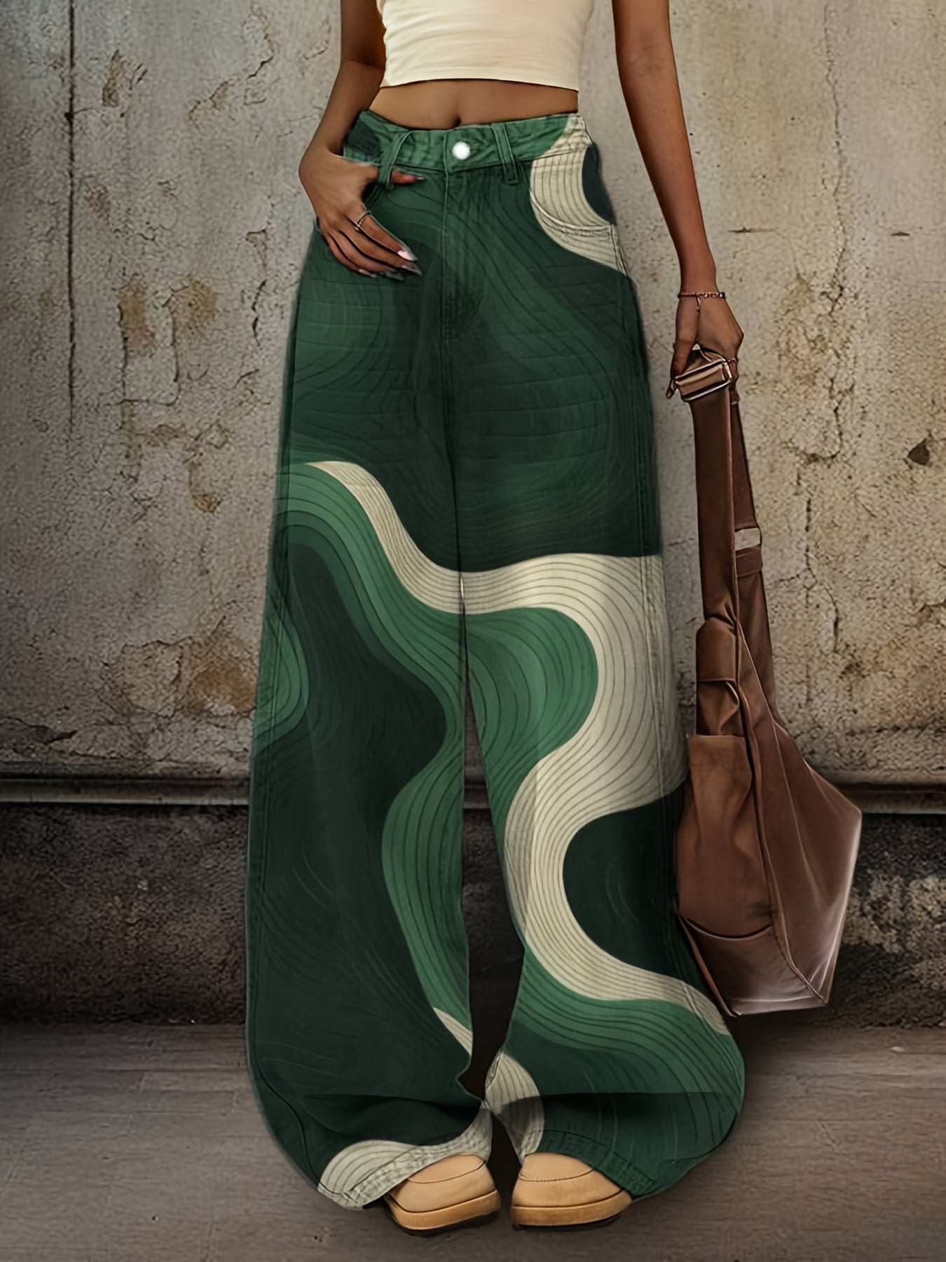 1 Pair of Women'S Denim High Waist Loose Pants, Casual Style, Creative Wave Stripe Print, Polyester Fabric, Regular Fit Loose Jeans for Adults, Suitable for All Seasons