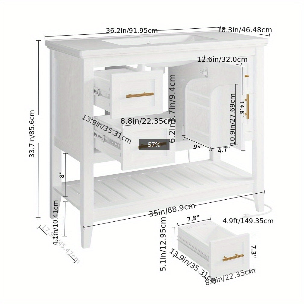 IRONCK 36" Modern Undermount Bathroom Vanity with Sink - White Wooden Cabinet with 4 Drawers, Open Shelf, Charging Station & Door Shelves, Rustic Style for Contemporary Bathrooms, Bathroom Vanity Cabinet, Bathroom Storage, Mi