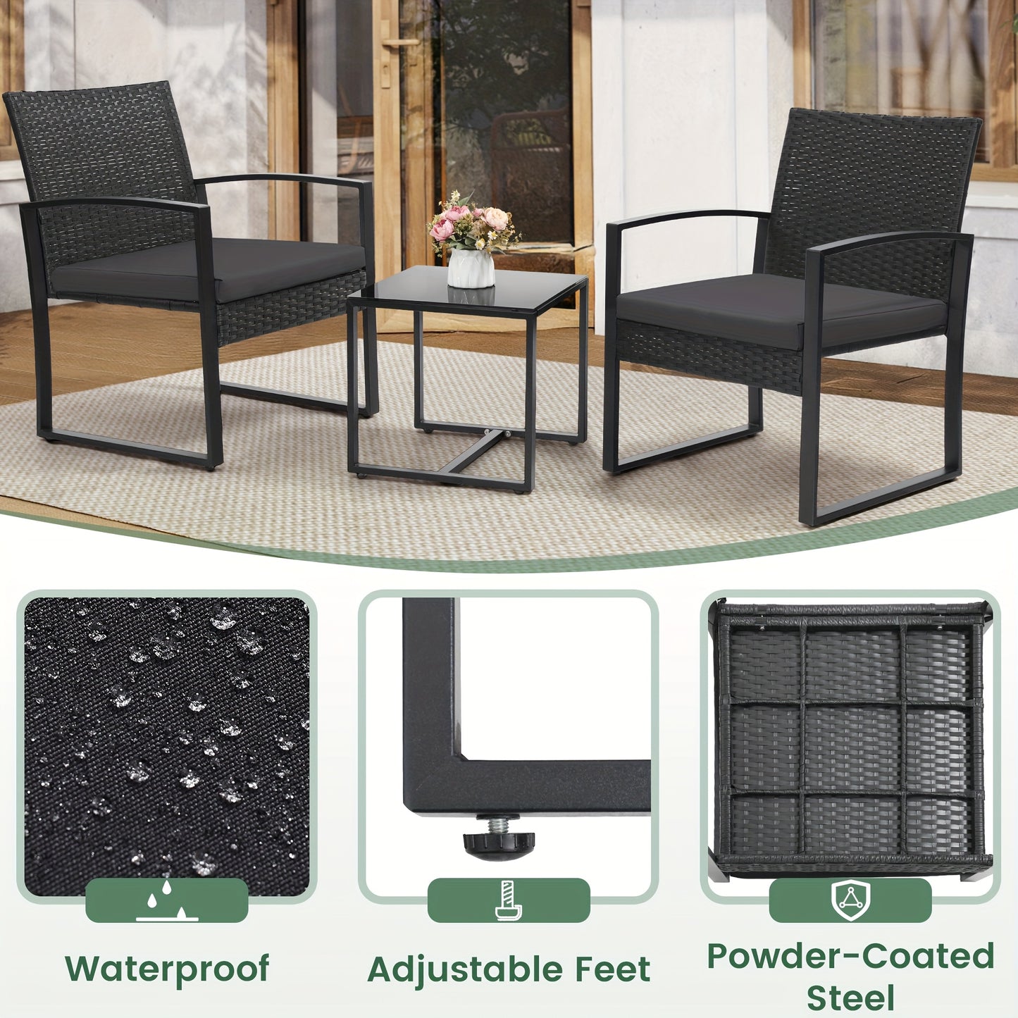 Outdoor Chairs With Bistro Table Furniture Set, Wicker Rattan 3pcs Conversation Set Includes 2 Waterproof Chairs With Thick Cushions And 1 Bistro Table With Safety Glass Top