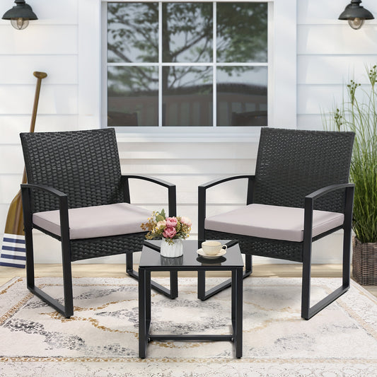 3pcs Outdoor Furniture Set, 2 Waterproof Chairs And 1 Table Bistro Furniture Set, Wicker Rattan Conversation Set, Thick Cushions with Safety Glass Table Top