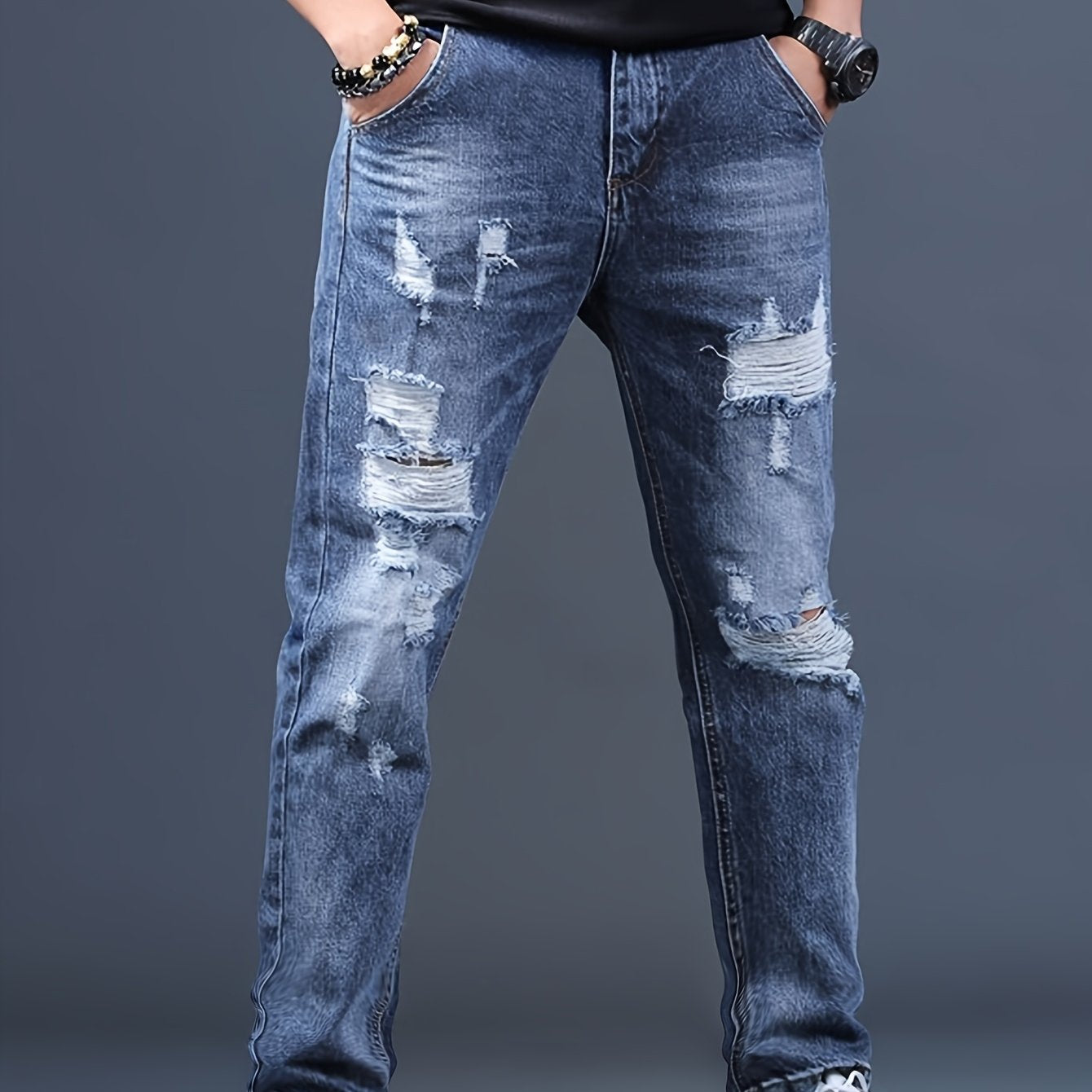 Men's Jeans Straight-leg, Non-stretch Ripped Men's Trousers Style Bicycle Street Chic Blue Frayed Jeans Suitable for All Seasons