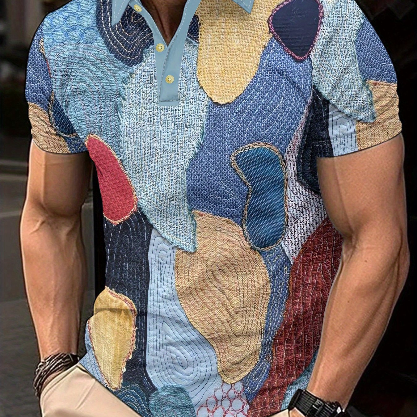 Men'S Casual Geometric Patchwork Printed Short-Sleeved Sports POLO Shirt
