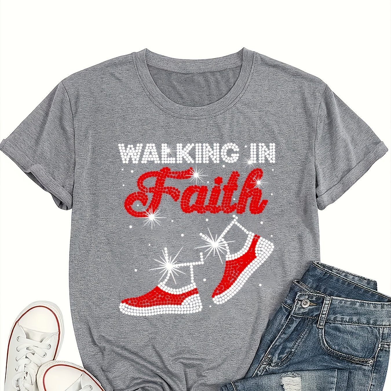 [Sparkling Inspirational Letter Print Tee] Dazzle Casual, Sparkling Rhinestone Letter Print T-Shirt for Women - Casual Crew Neck, Short Sleeve, Inspirational Faith Graphic Tee