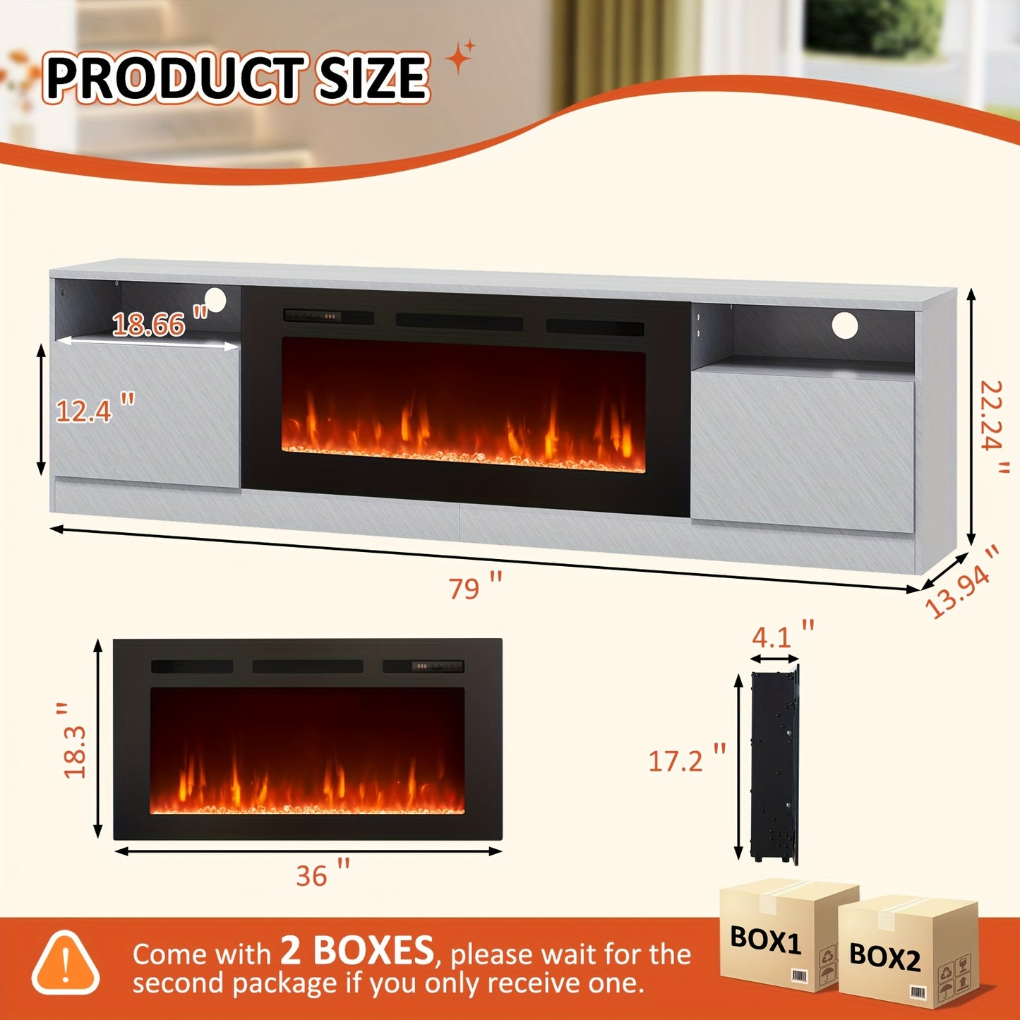 Modern Electric Fireplace TV Stand Entertainment Center with 36.3" Wall-Mounted Fireplace, 12-Color LED Lights, High-Gloss Storage Cabinet & Hardwood Construction - Fits TVs Up to 80", Energy-Efficient, Adjustable Timer