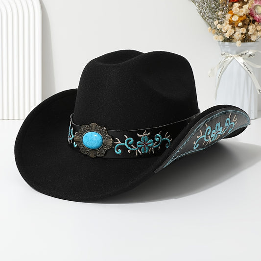 Lady's Elegant Felt Cowboy Hat with Turquoise Stone and Embroidered Belt - Perfect for Dance Parties, Graduations, and Festive Occasions