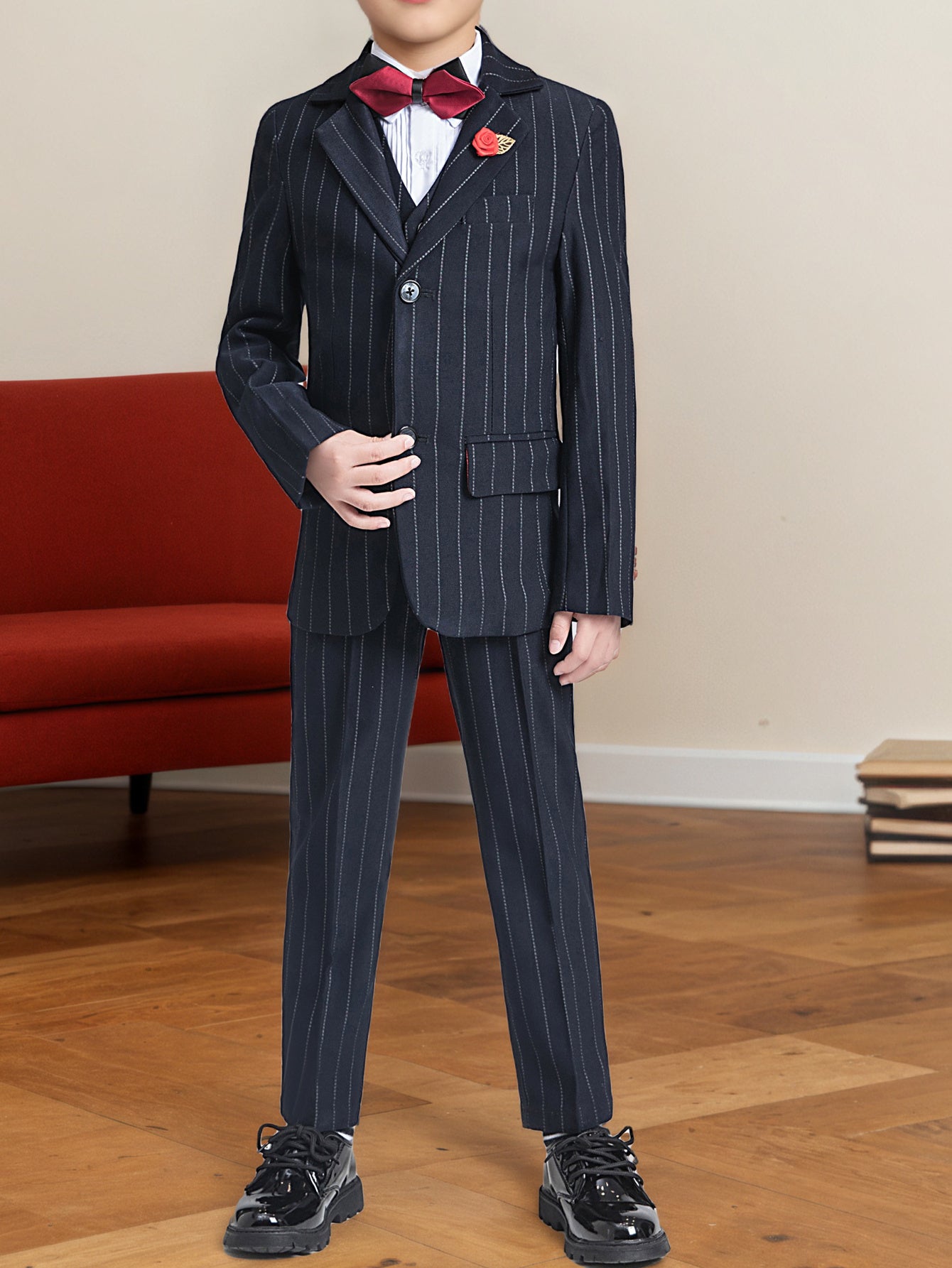 Boys' Suit 3pcs Set Boys Striped Suit Set - Blazer Jacket Vest & Pants for Kids Formal Wedding Church Baptism Party Outfit Slim Fit Stretch Comfortable Tuxedo Photoshoot Attire Size 3-16