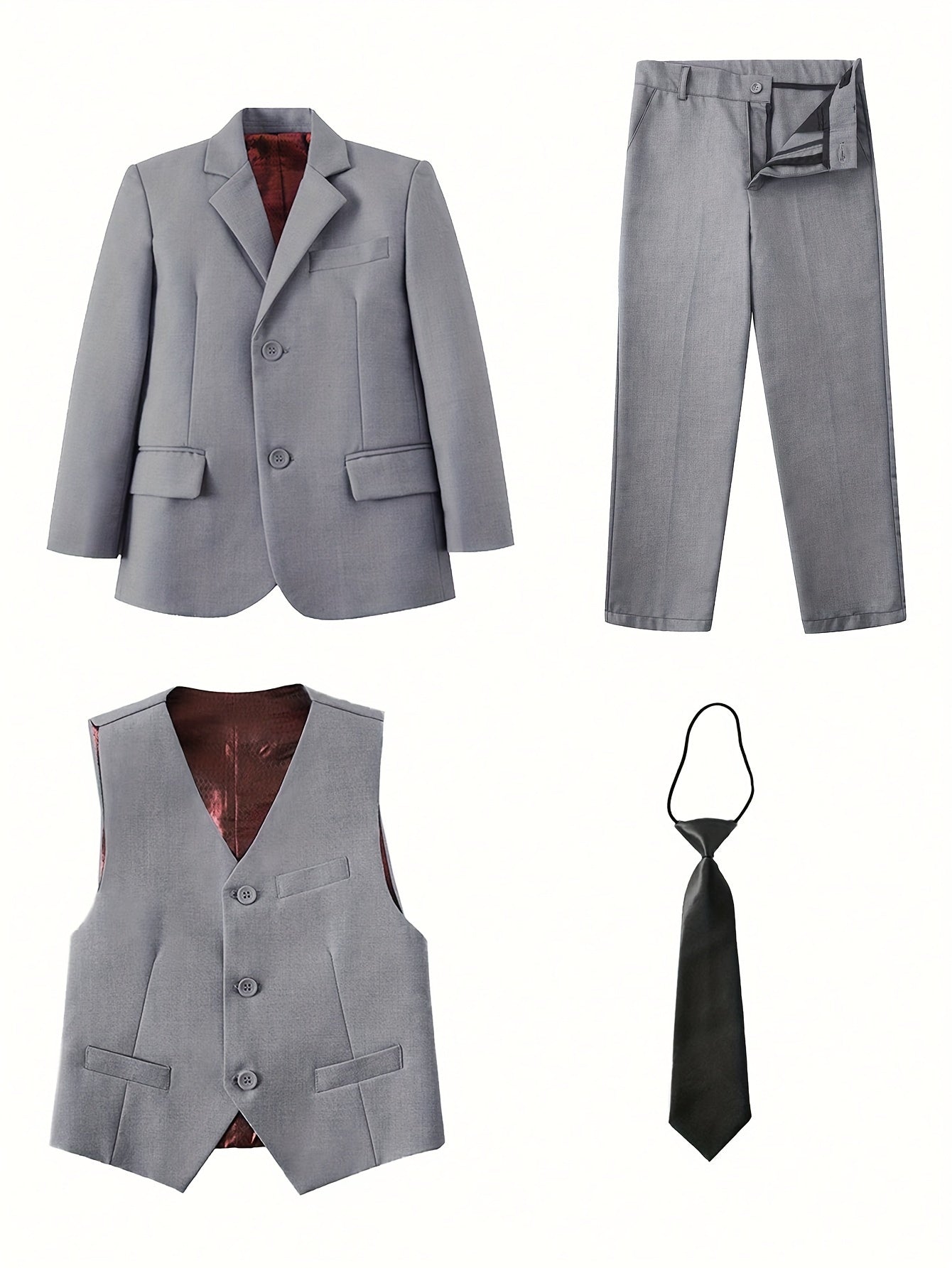 Mosedou Boys 4pcs Suit Set Blazer&Waistcoat&Pants&Tie 2-16Yrs Kids Formal Wear British Style Wedding & School Outfit Boys' Suits 4pcs Sets Teens Formal Suits for Vest&Tie Wedding Flower Boy Attire