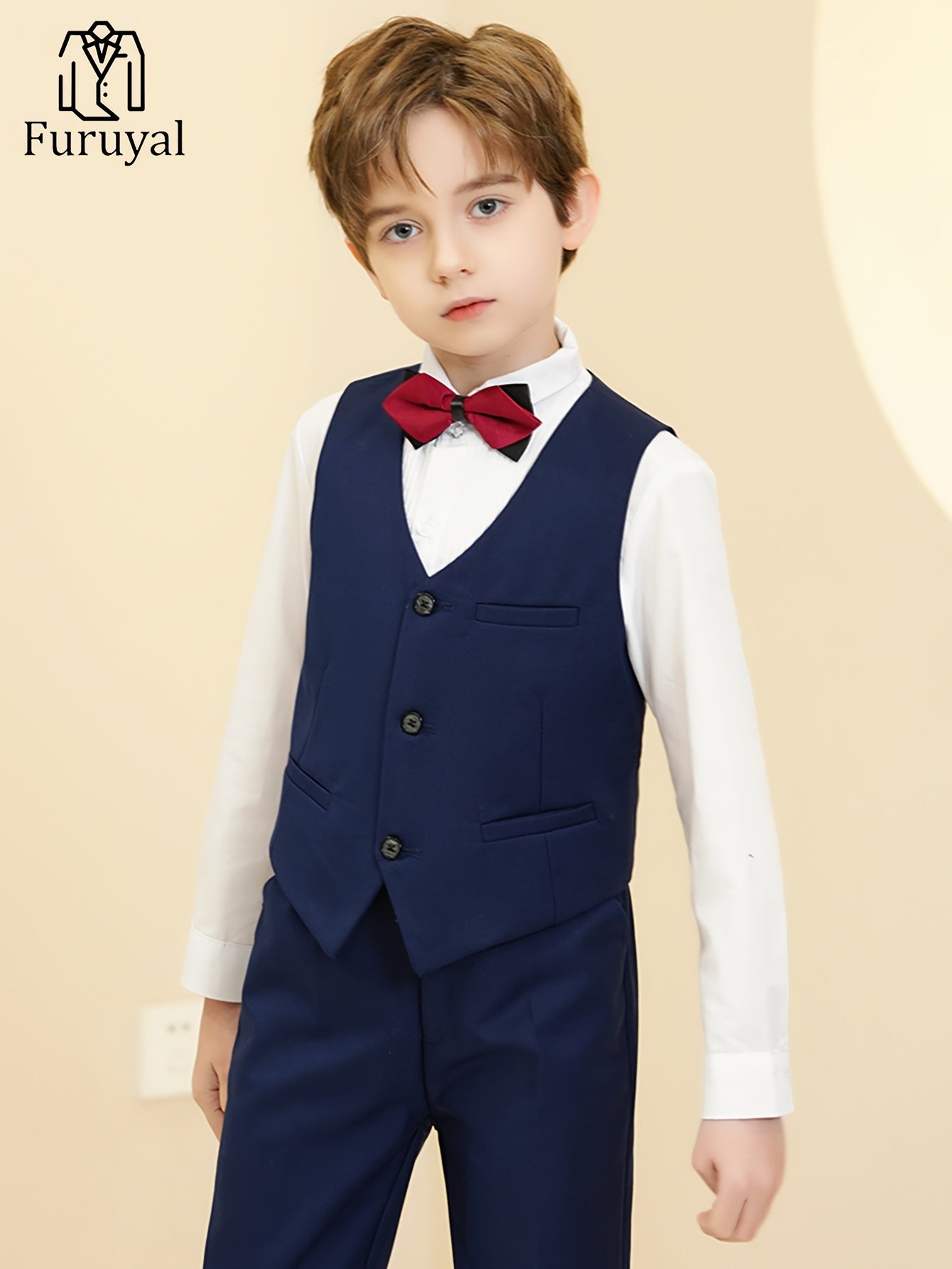 Furuyal Boys' 4pcs Formal Suit Set Vest Pants Collared Dress Shirt And Tie Boys' Suit Size 6-16Y Boys Suits Suitable For Music Festival Graduation Season Party