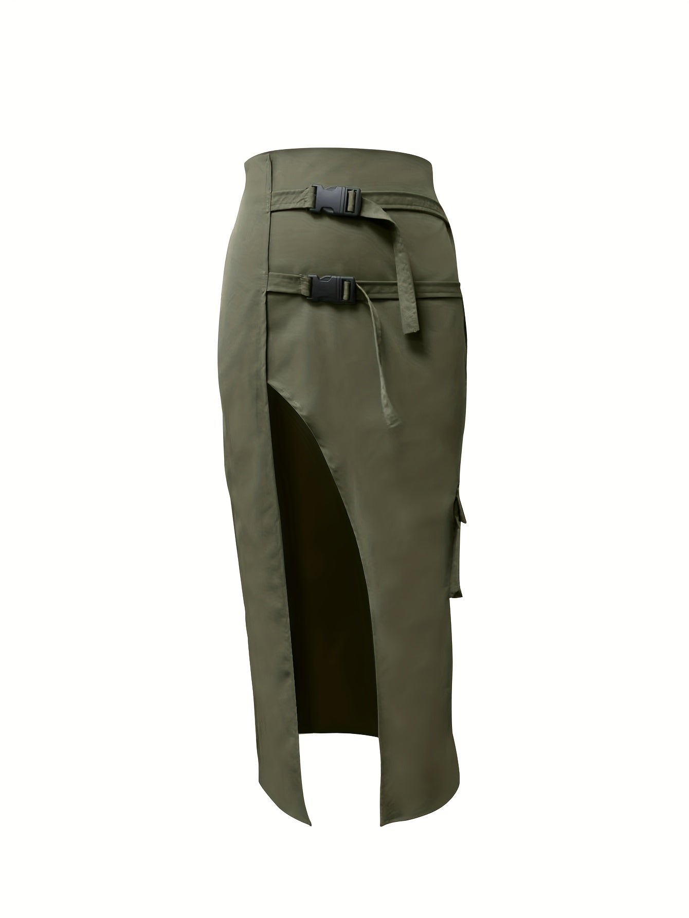 Women'S Stylish Solid Color Asymmetric Belt Flap Pocket Skirt - Cargo Style, Polyester Fabric, High-Waisted with Slit Detail, Black Boots, Casual Attire|Modern Casualwear|Polyester Skirt
