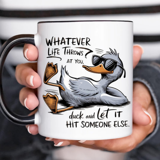 1pc 11oz Ceramic Coffee Mug with Funny Duck Quote "Whatever Life Throws at You, Duck and Let It Hit Someone Else" - Humorous White Cup with Fashion Glasses Duck Design & Black Handle, Dishwasher Safe, Perfect Gift for Friends