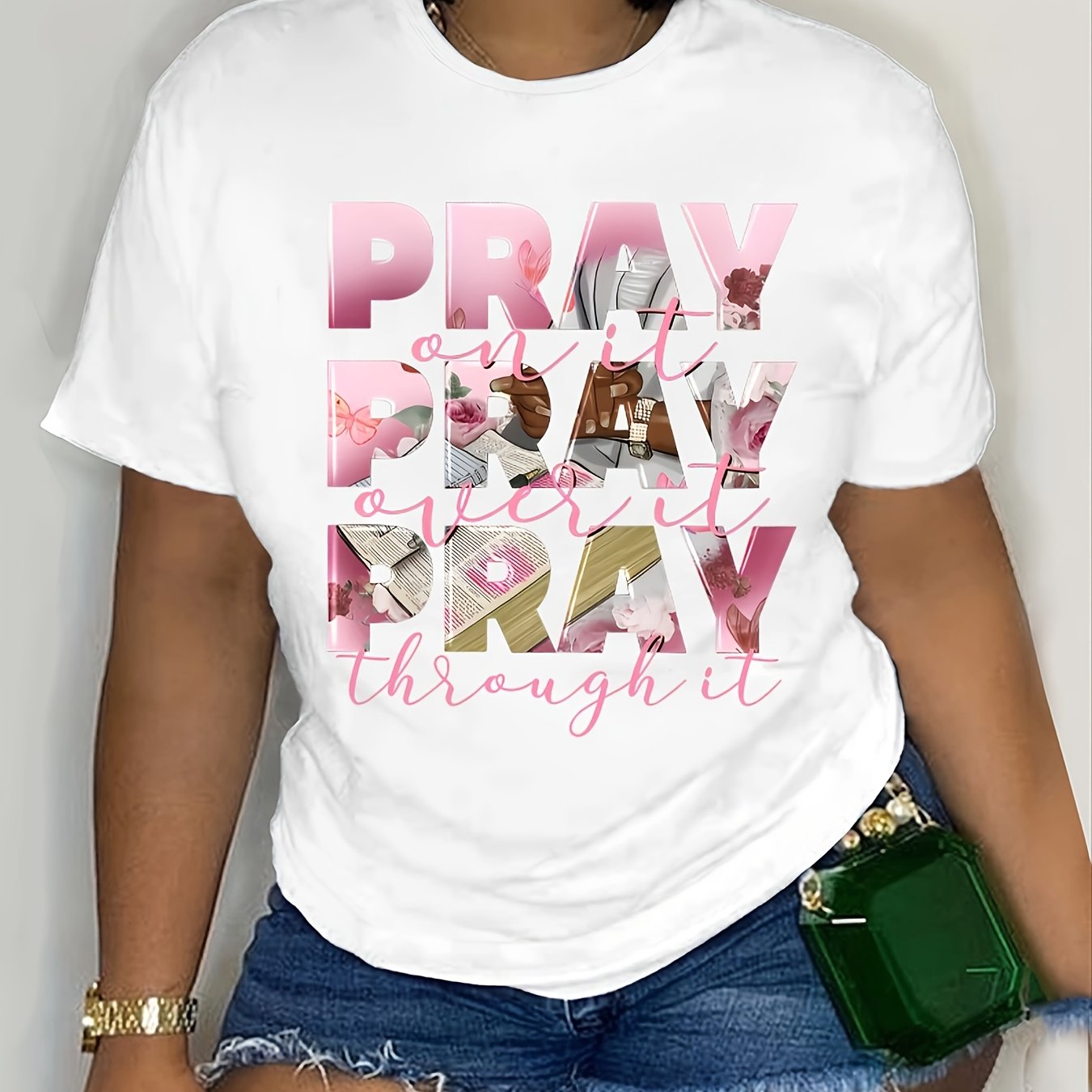 Short Sleeve Stretchy Polyester Blend Plus Size Inspirational T-Shirt for Women - "Pray Over It" Print, Casual Crew Neck, Machine Washable - Perfect for Spring/Summer/Fall