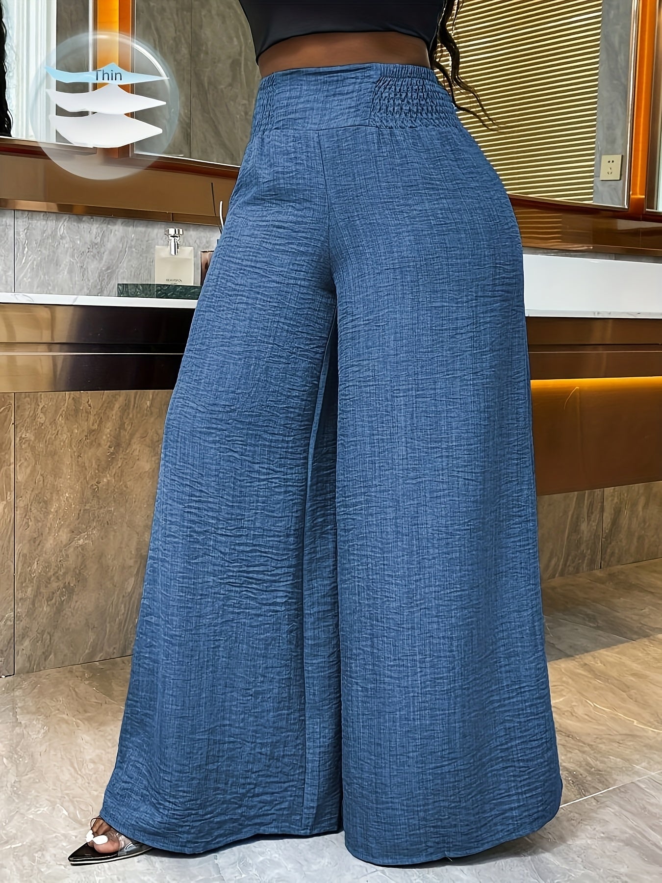 [Polyester Wide Leg Pants] Polyester Women's Wide Leg Pants, Elastic Waist, Loose Fit, Long Length | Solid Color, 100% Polyester, 200g/m², for Spring/Fall, Weekend Casual Wear