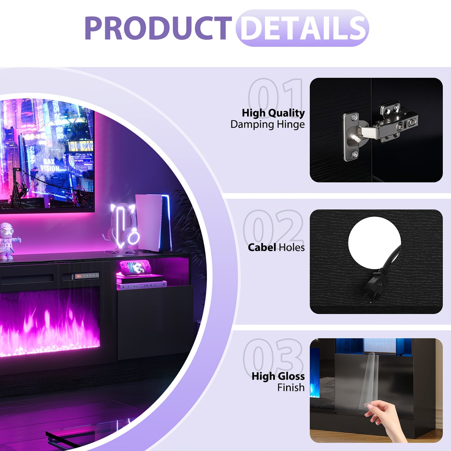 Modern Electric Fireplace TV Stand Entertainment Center with 36.3" Wall-Mounted Fireplace, 12-Color LED Lights, High-Gloss Storage Cabinet & Hardwood Construction - Fits TVs Up to 80", Energy-Efficient, Adjustable Timer