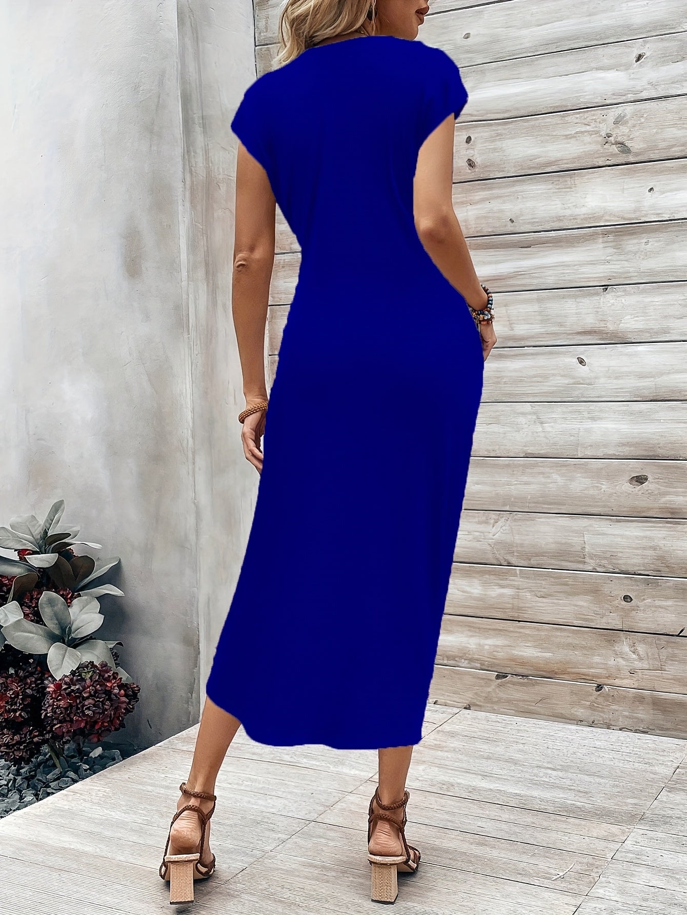 Women'S Elegant Navy Blue Bodycon Dress with Ruched Detail - Crew Neck, Short Sleeve, Polyester, Perfect for Spring/Summer/Fall, Casual Elegance | Ruched Design | Construction