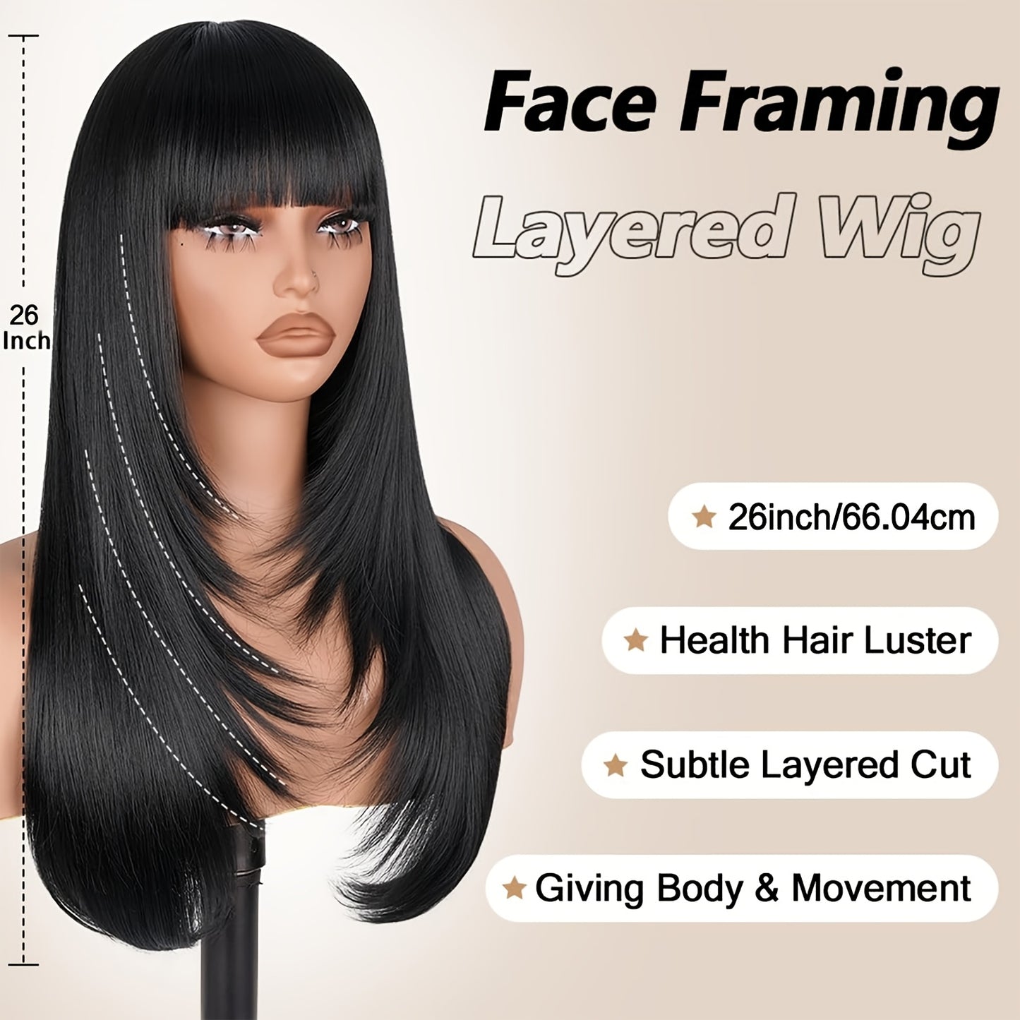 Long Straight Layered Wig with Bangs Glueless Natural Black Synthetic Bangs Wig 26 Inch Put On and Go Wigs High Temperature Fiber Pixie Cut Layered Wig for Women Daily Use