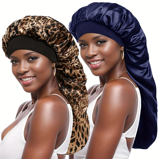 2pcs Long Silky Sleep Bonnet For Straight Curly Hair, Extra Large Hair Bonnets For Dreadlock And Braids, Satin Sleeping Caps Night Cap Shower Cap For Women - Bathroom Accessories