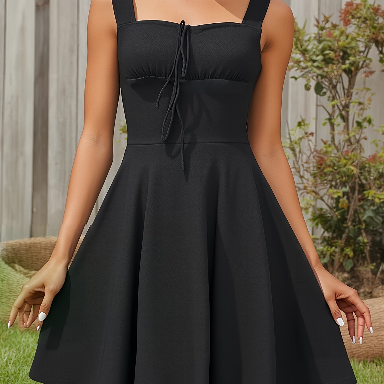 [Vintage Off-Shoulder Dress] Vintage-Inspired Black Polyester Off-Shoulder Dress | Ruffled Hem, Tie-Back Detail | Sleeveless A-Line Midi Silhouette | Elegant Summer Women's Fashion | Machine Washable