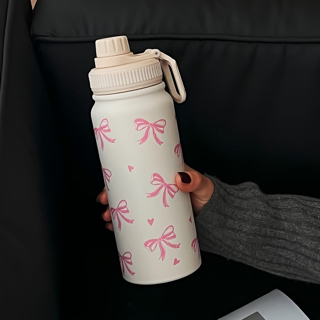 1pc 600ml/800ml/1000ml Pink ins style large bow double-layer stainless steel thermal cup, straight drinking mouth large capacity water bottle, outdoor sports kettle, flat bottom cup, water cup, teapot, tea cup, fitness exerci