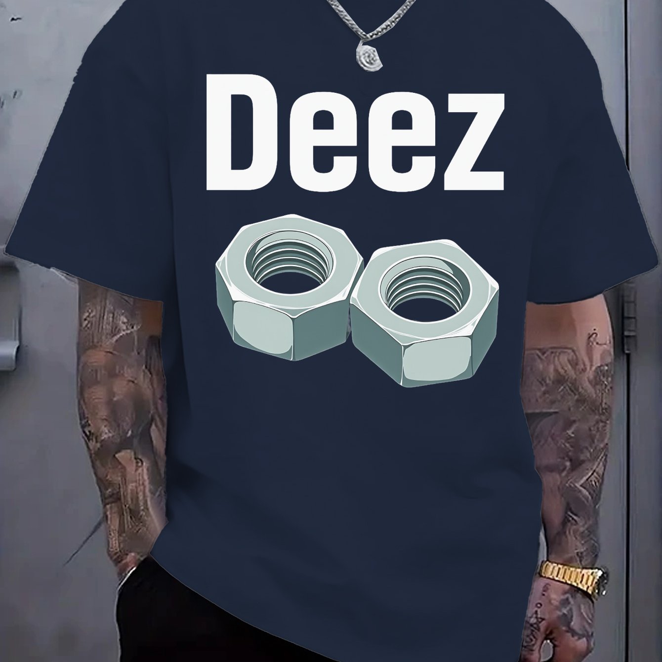 Men's Casual Loose Fit Round Neck T-Shirt - White Tee with Bold "Deez" Text & Nut Graphics, Machine Washable Streetwear Top for Everyday Comfort