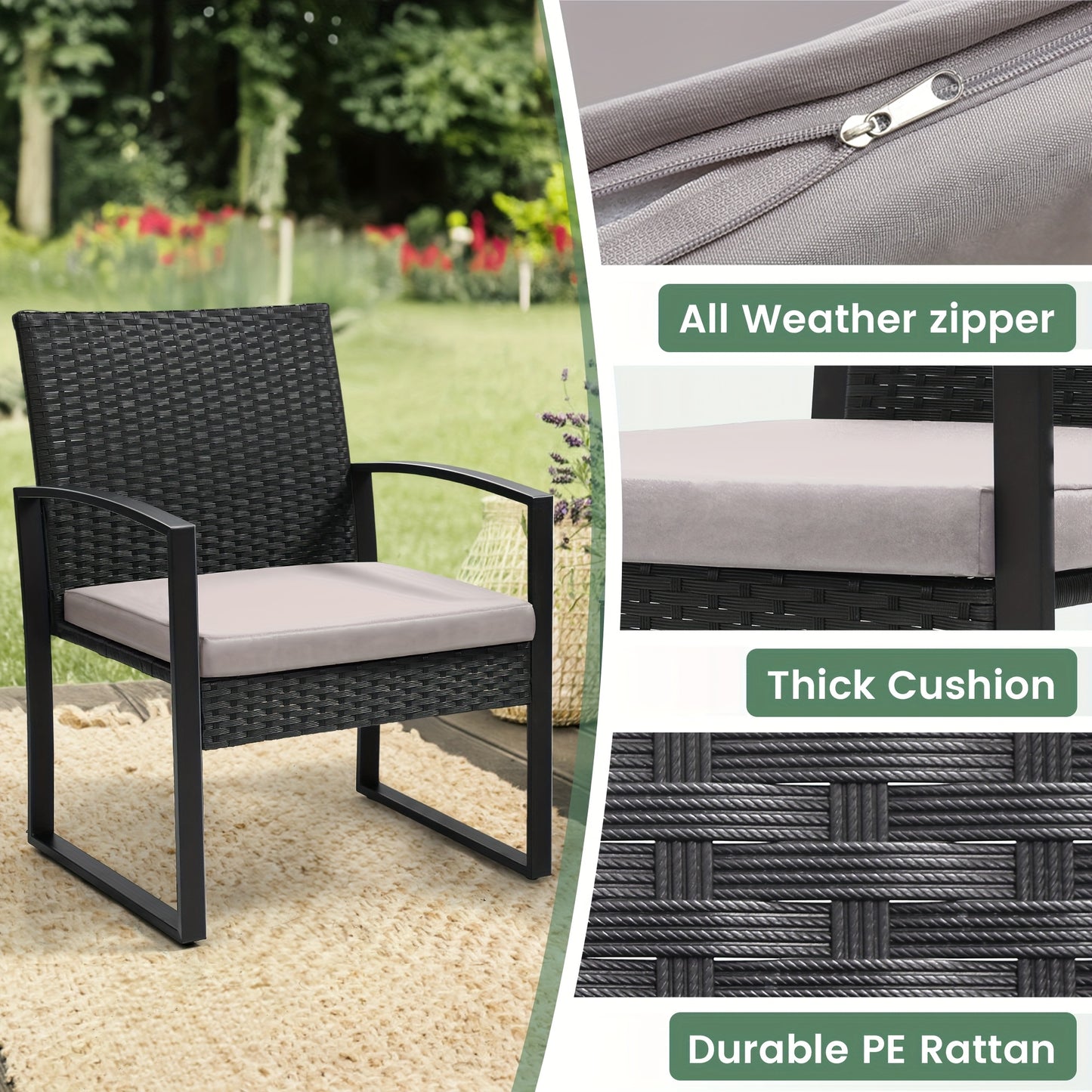 Outdoor Chairs With Bistro Table Furniture Set, Wicker Rattan 3pcs Conversation Set Includes 2 Waterproof Chairs With Thick Cushions And 1 Bistro Table With Safety Glass Top