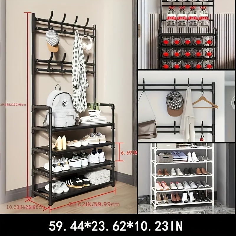 5-Tier Metal Shoe and Coat Rack with Detachable Hooks – Space-Saving Storage for Home, Apartment, or Dorm – Black, Freestanding Design, Perfect for Organizing Shoes and Accessories