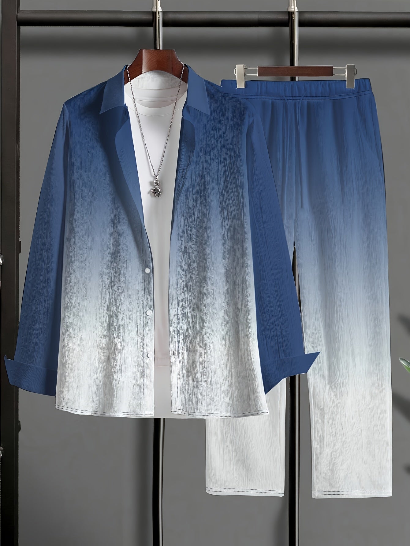 [Plus Size Suit Set] Men's Plus Size Suit - Stretch Long Sleeve Button-Up Shirt & Pants Set | Retro Geometric Check Pattern, V-Neck Lapel Design, Loose Fit for Casual & Formal Wear, Plus Size Blazers