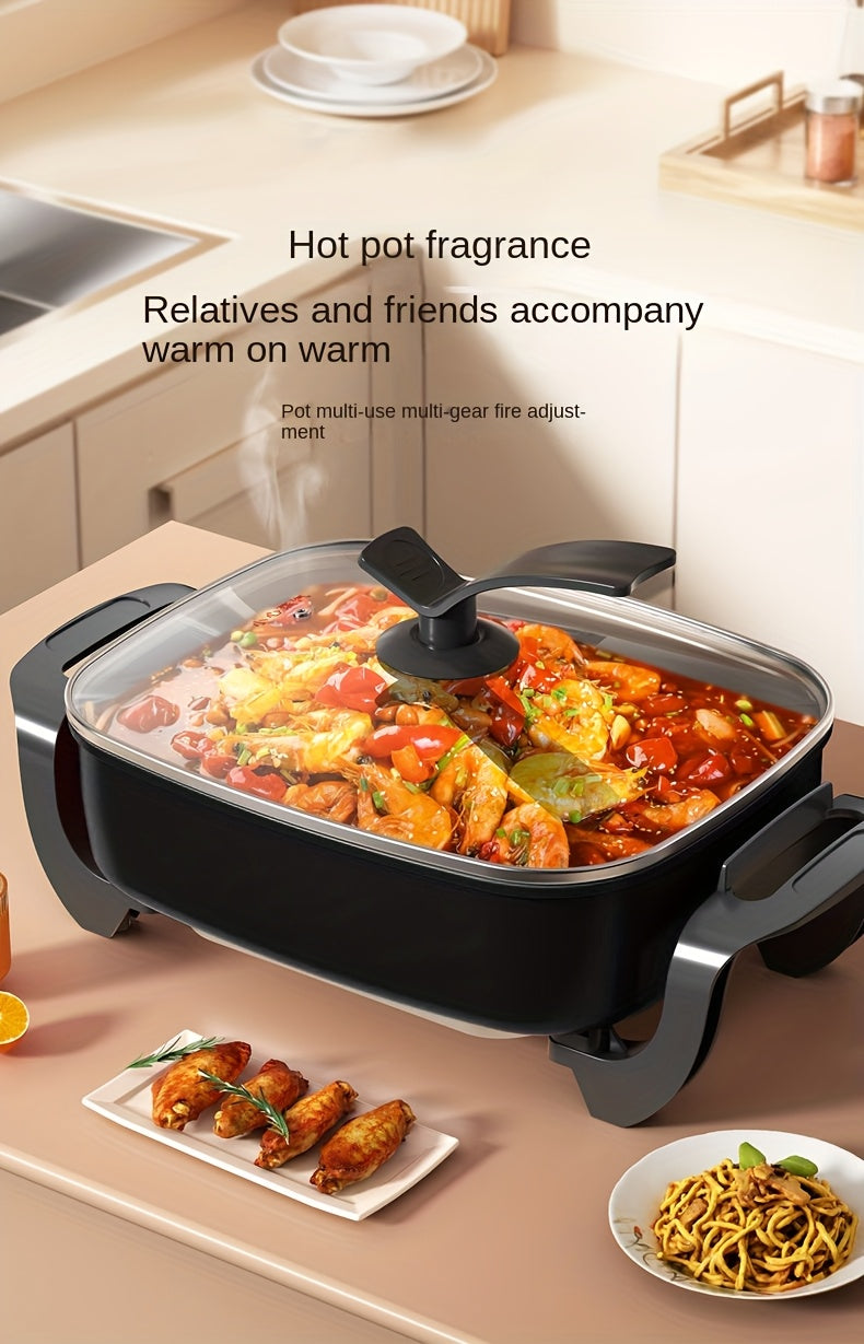1pc 12x12 Inch Non-Stick Ceramic Electric Pot with Glass Lid, Aluminum Body, 1500W Adjustable Temperature Controller, for Frying, Baking, Steaming, or Boiling, Easy to Clean, 110V US Plug, Perfect for Home Use
