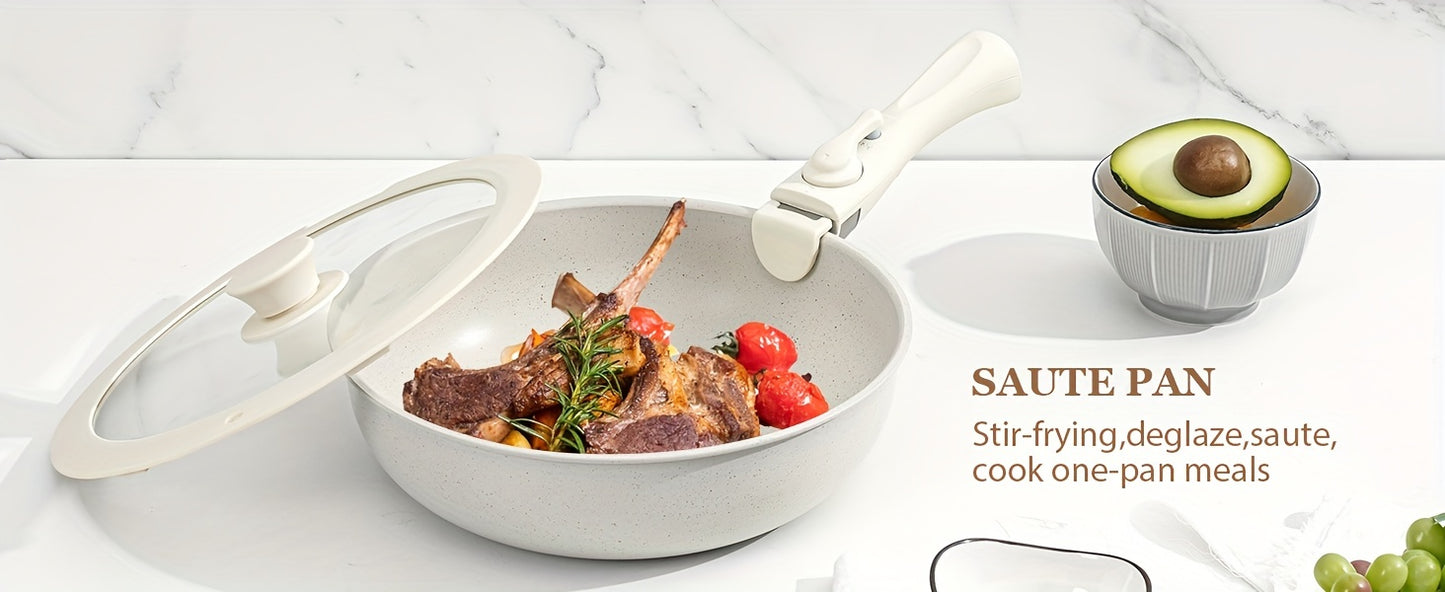 15 Pcs Pots and Pans Set, Non Stick Kitchen Cookware Set, Detachable Handle Nonstick Induction Cookware Cooking Sets with Removable Handle, Cookware Set, White