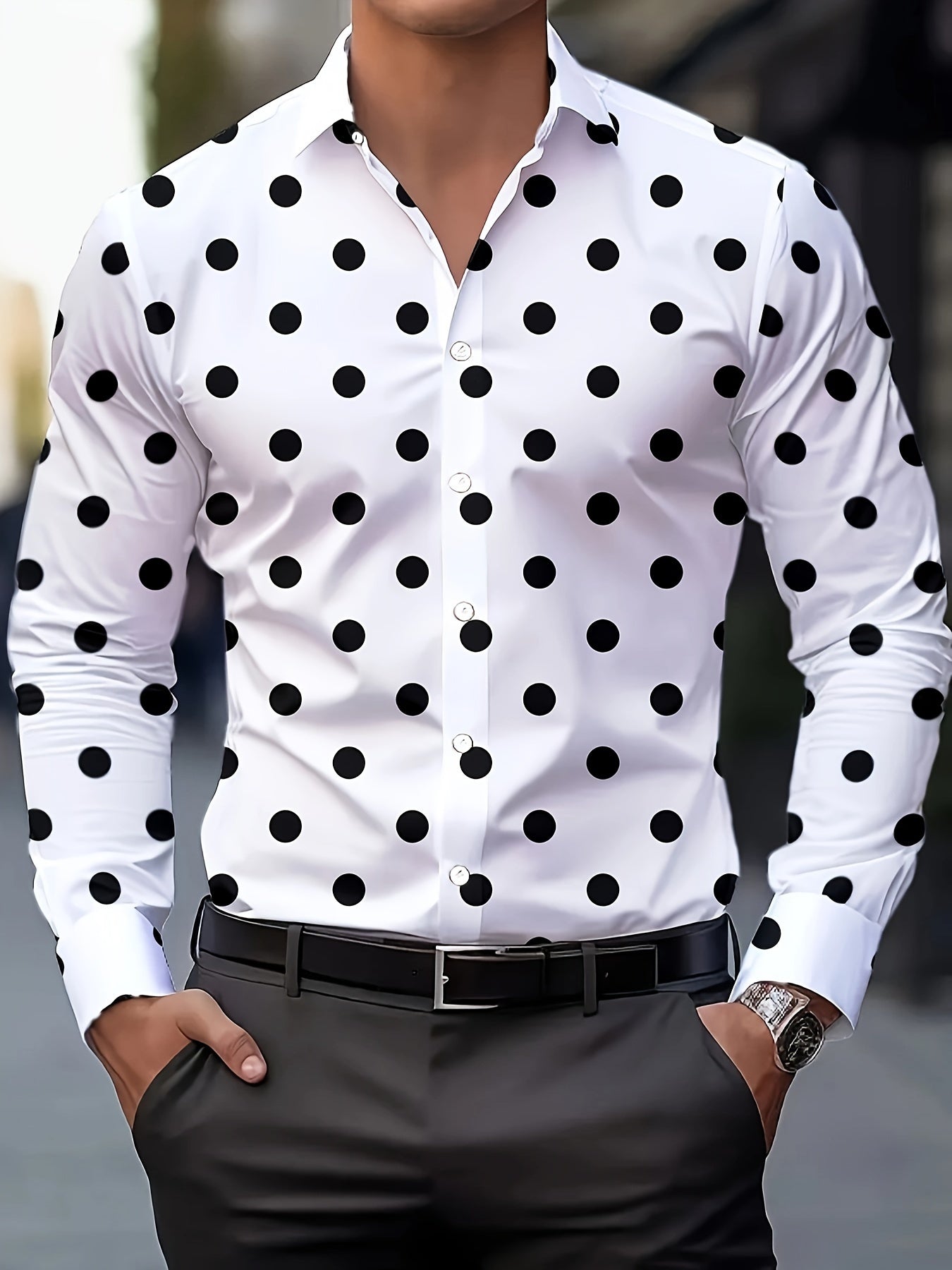 [Men's Casual Shirt] Men's Casual Shirt - Red & Black Polka Dot Print, Machine Washable Non-Elastic Fabric, Classic Button Front, Regular Fit Long Sleeve for Spring/Autumn Outdoor & Casual Wear, Seasonal Fashion, Straight Sle