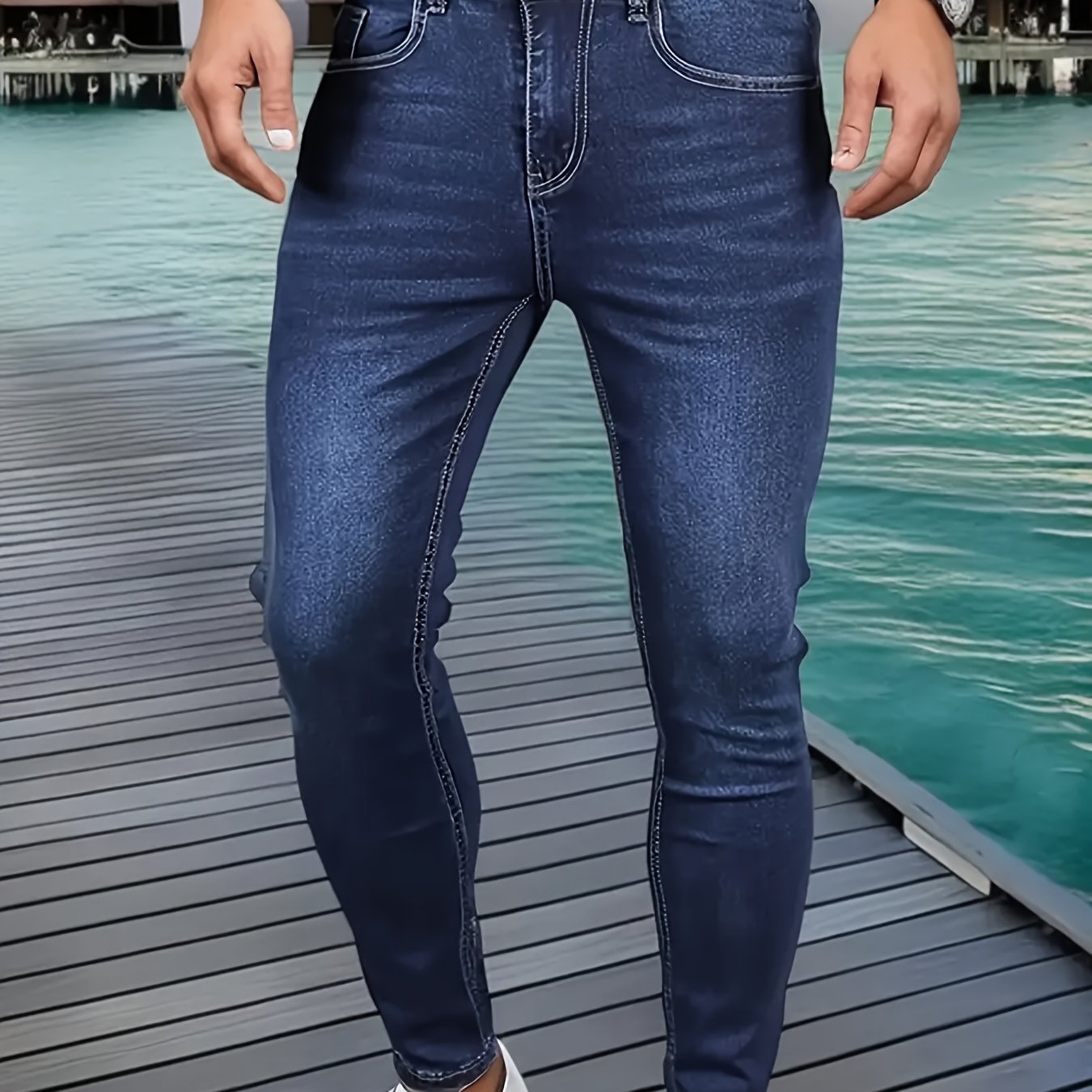 Men'S Slim-Fit Stretch Denim Jeans - Mid-Rise Casual Street Style, Light Wash, Mid-Stretch Comfort Fit for Casual Attire, Versatile Jeans|Slim Fit Jeans|Washed Jeans