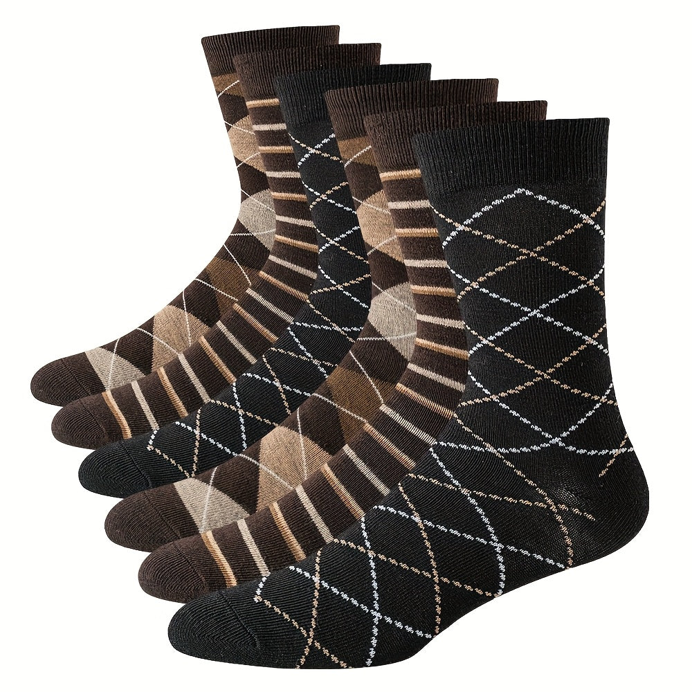 [Retro British Style Socks] 6 Pairs of Men's High-Top Diamond-Shaped Jacquard Embroidery Business Socks | Autumn & Winter, Sweat-Absorbing, Mid-Tube, Retro British Style, White-Collar, Short Boots, Sweat-Resistant