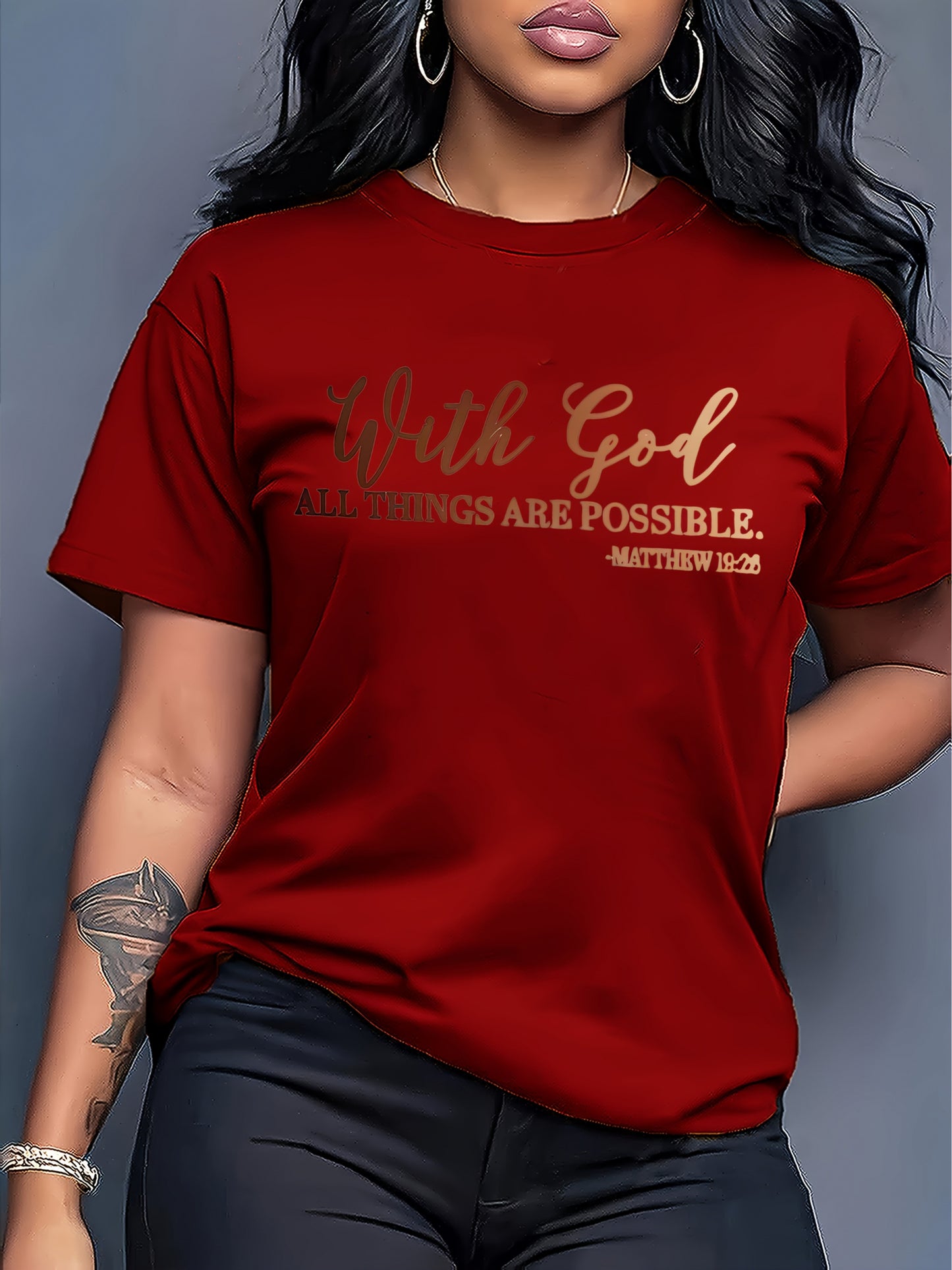 [Soft Christian Faith T-Shirt] Women's Soft Everyday Christian Faith T-Shirt | 'With God Everything is Possible' Bible Verse (Matthew 26:4) | Light Blue Casual Top for Church, Everyday Outfits | Machine Washable, Durable, Com