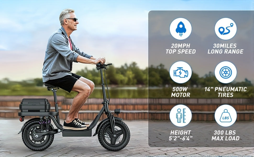 740W Electric Scooter for Adults with Seat - 25-Mile Range, 20Mph Top Speed, Foldable Design, 10" Shock Absorption, 14" High Quality Tires & Dual Disc Brakes - Carbon Steel Frame, Dual Power Source (Battery/US Plug) - Ideal f