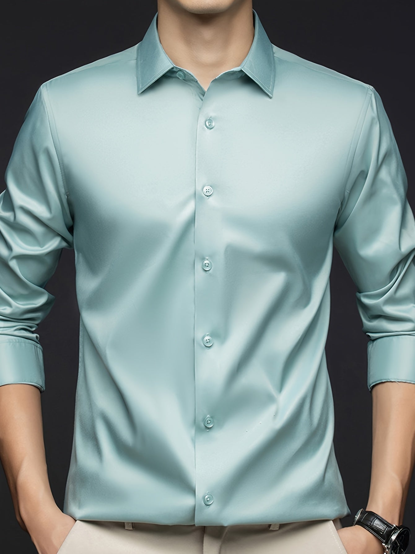 Men's Wrinkle-Resistant Lightweight Long Sleeve Dress Shirt - Solid Color Button-Up with Chest Pockets, Non-Stretch Fabric, Classic Collar Design for Casual & Formal Wear, Spring/Fall Essential, Durable & Easy Care, Autumn Ap