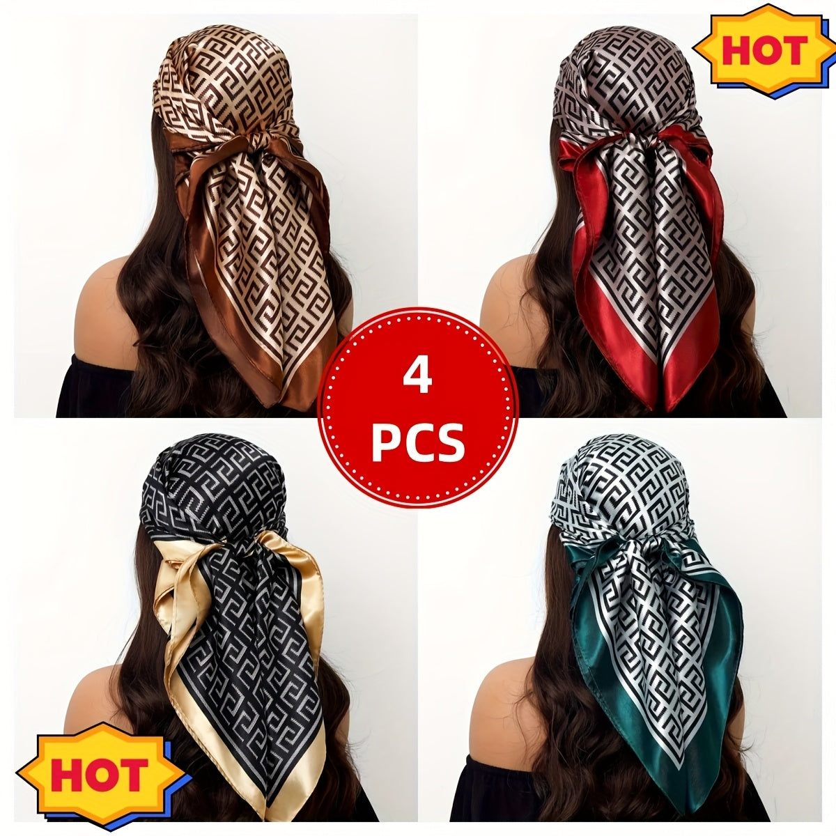 [Exquisite Head Scarf] 4pcs Exquisite Head Scarf for Women | Inspired Black Square Scarf with Golden & Zebra Print - Glamorous Headwear for Any Occasion