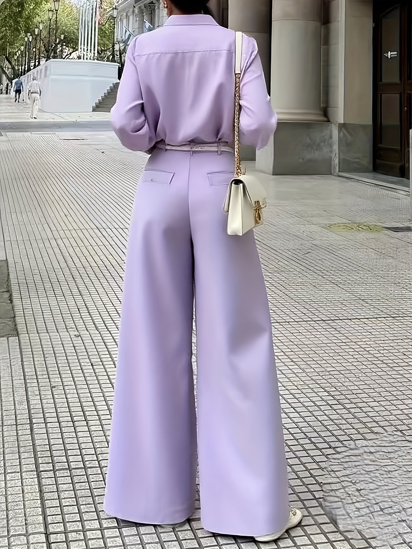 2025 Elegant Style New Arrival: Solid Color Long-Sleeve Shirt + High-Waisted Wide-Leg Pants Set, Suitable for Both Office And Vacation (Belt Not Included)