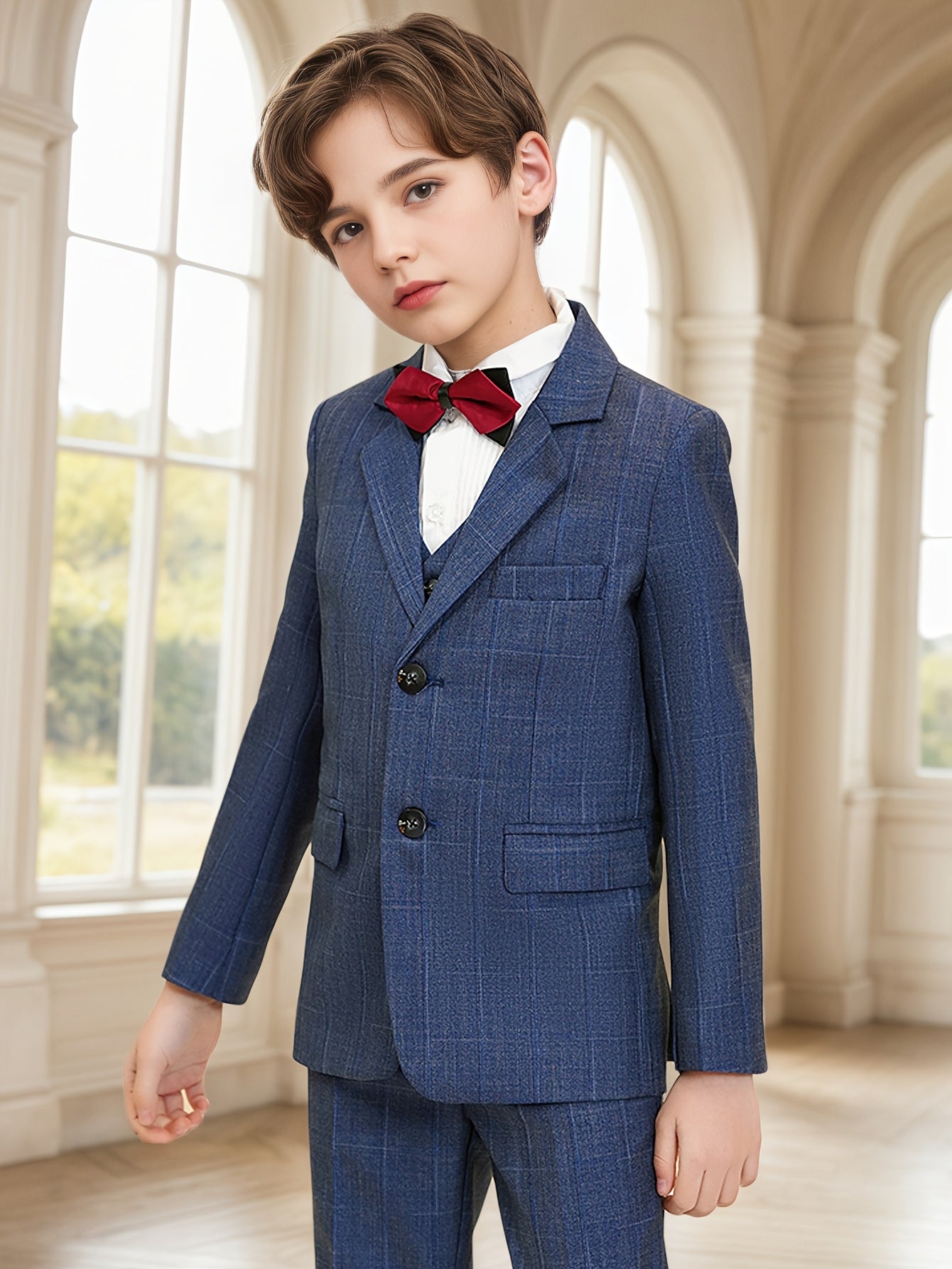 Boys Dark Blue Plaid Suit 3pcs Set | Kids Formal Blazer + Vest + Dress Pants | Wedding, Christmas, Easter Party Outfit | Sizes 6-16 | Premium Kids Tuxedo for School Photos & Special Occasions