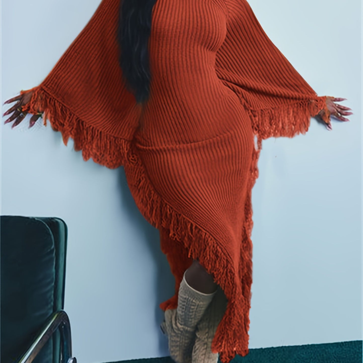 Fringe Trim Sweater Dress For Women, Batwing Long Sleeve High Neck Maxi Dress With Asymmetrical Hem, Sexy And Chic Style, For Fall Winter
