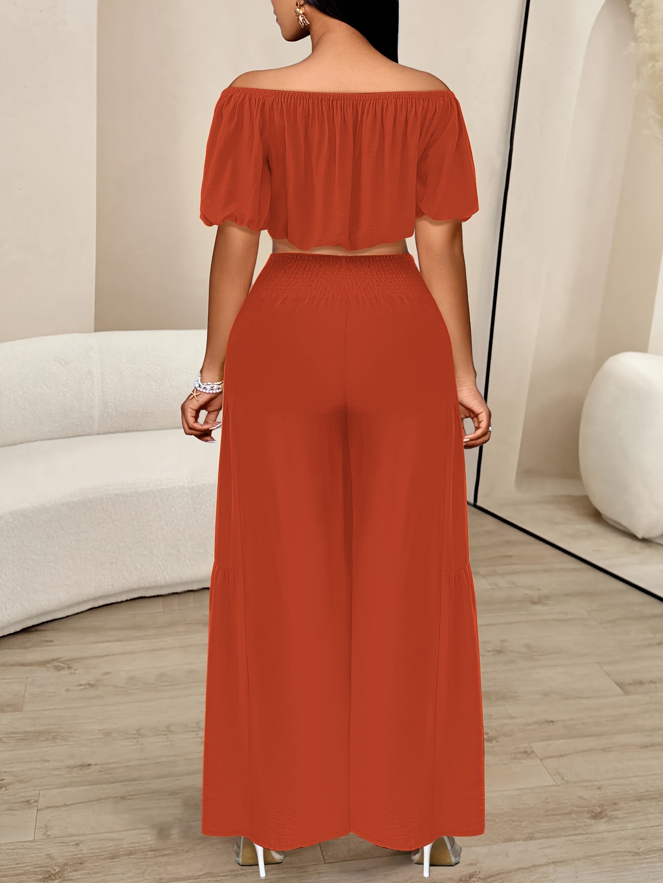 Summer One-Shoulder Puff-Sleeved Ruffled Strapless Crop Top & Wide Leg Pants Set - Beach Vacation Style For Summer