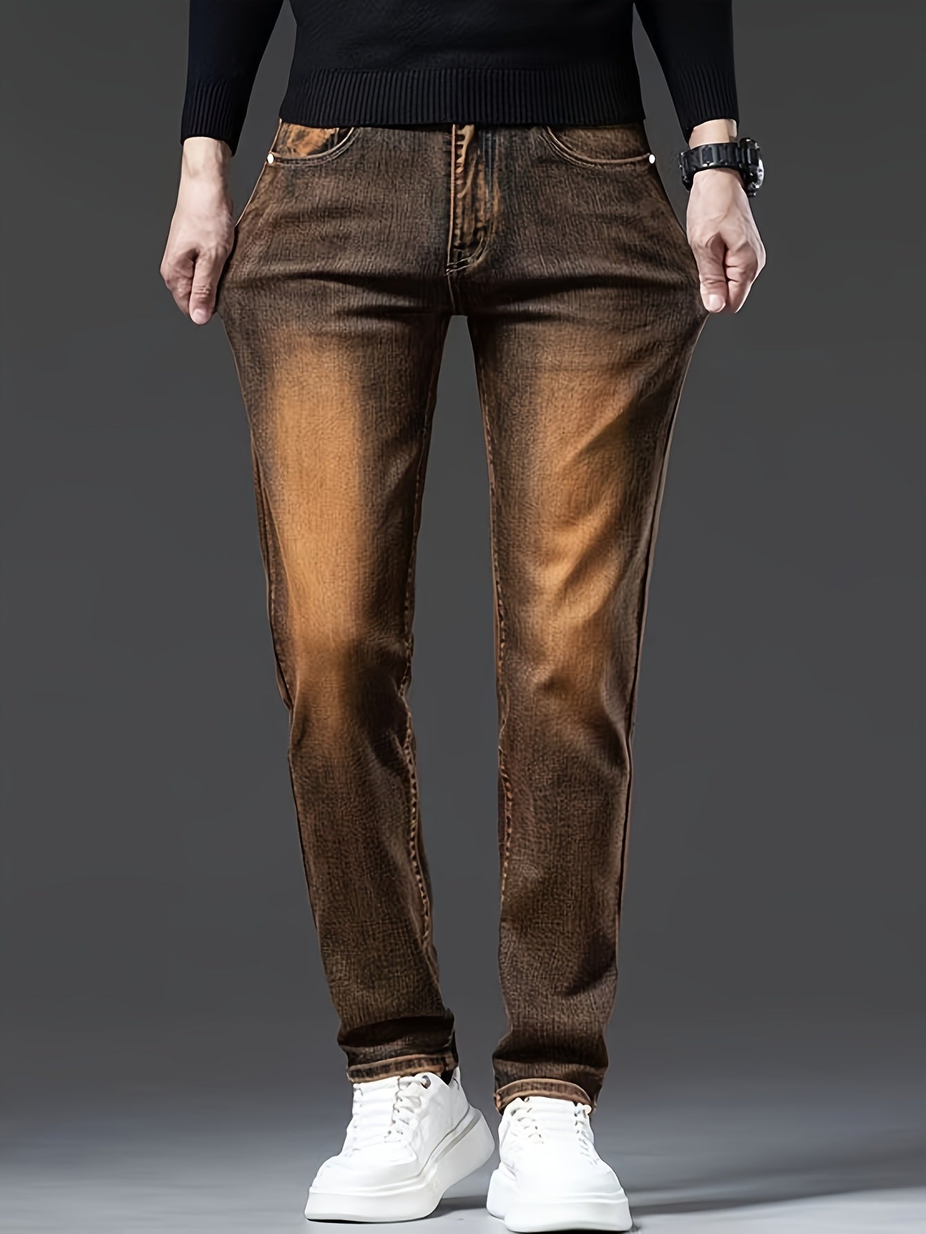 Men's Slim Fit Stretch Denim Jeans - Dark Brown, All-Season Wear, Cotton Blend, Machine Washable, Classic Design with Pockets, Versatile for Casual or Formal Occasions