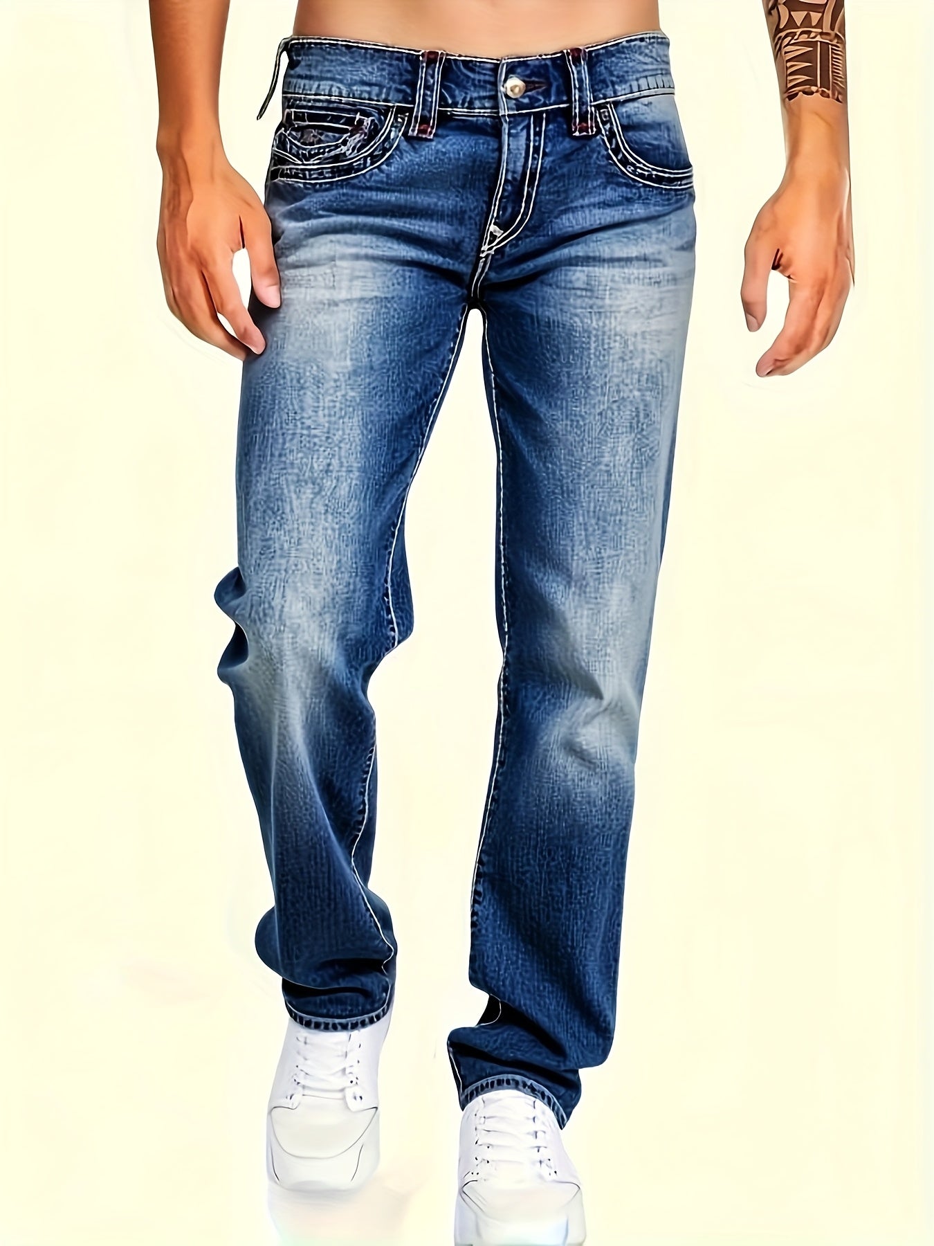 HME Men's Classic Blue Jeans - Mid-Rise Loose Straight-Leg Non-Stretch Pants, Machine Washable Vintage Washed Look with Flip-Over Back Pockets - Everyday Casual Jeans for Year-Round Wear