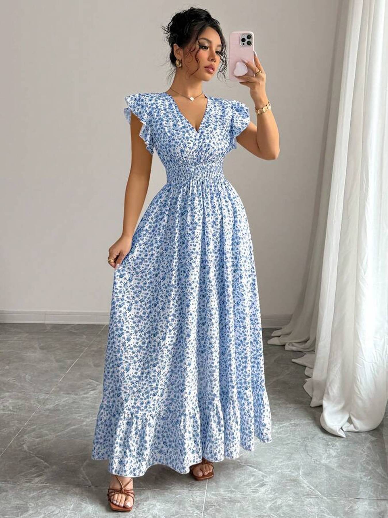 [Elegant Floral Dress] Elegant Floral Print V-Neck Dress with Ruffle Sleeves | Long Sleeveless A-Line Dress for Women - Blue, Perfect for Spring/Summer/Fall, Casual to Formal Wear